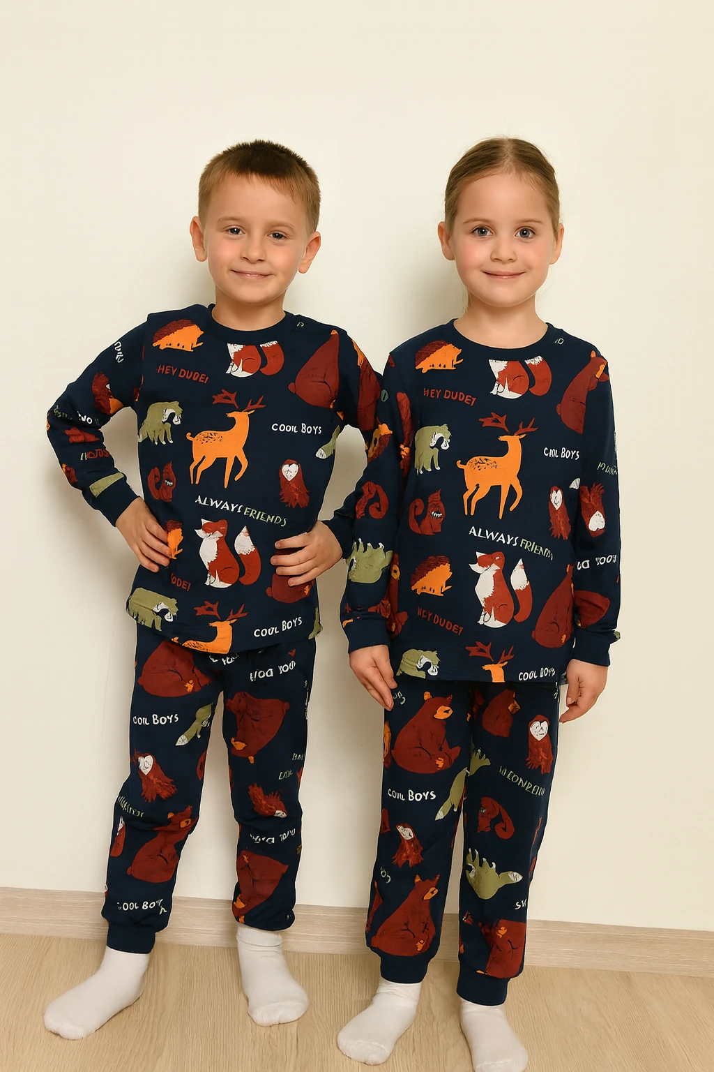 Kız Erkek Çocuk Desenli Pamuklu Rahat Pijama Takımı - 1040 - Lacivert