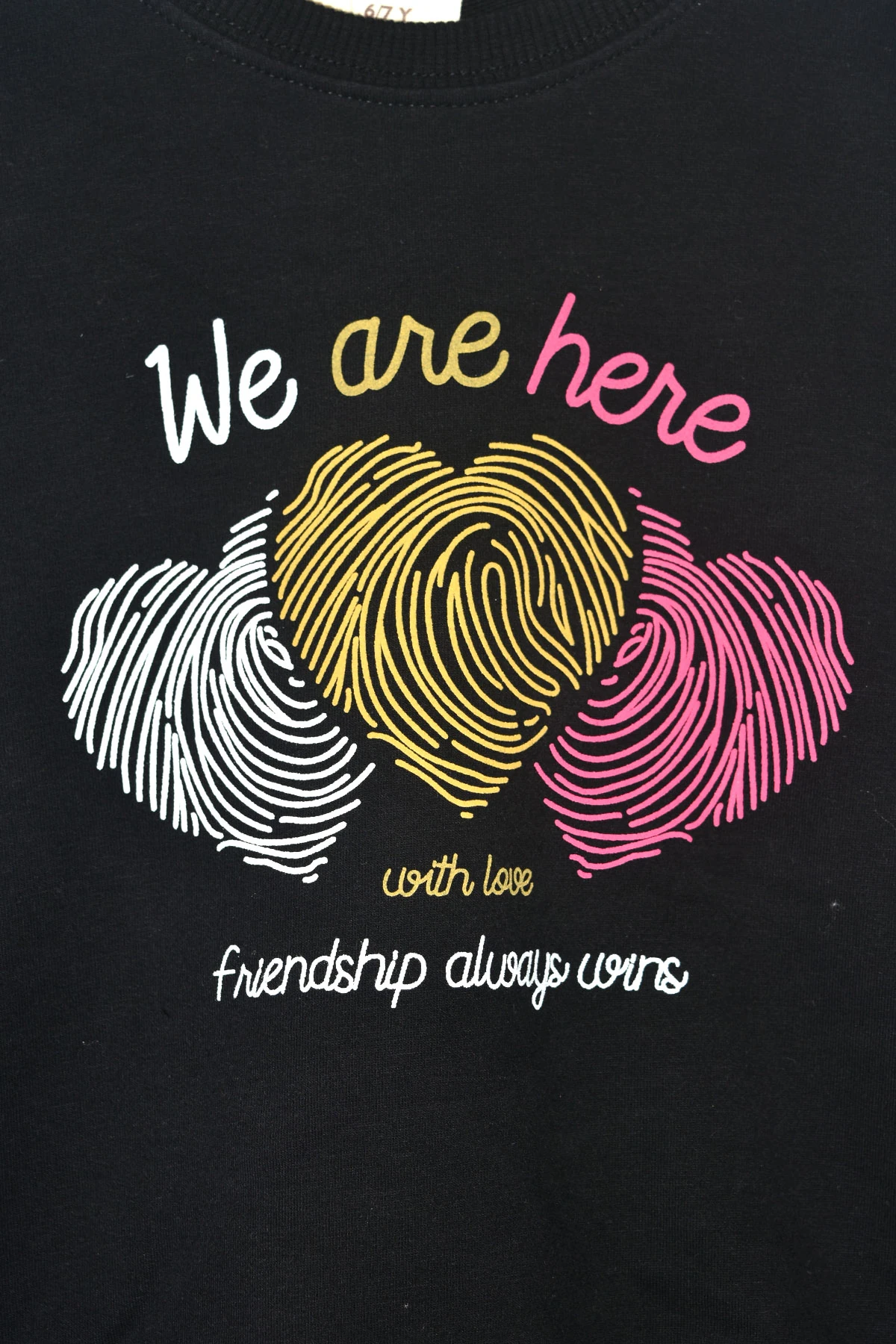 Kız Çocuk %100 Pamuk Kalp Desenli Bisiklet Yaka Trend Sweatshirt - 1022S - Siyah