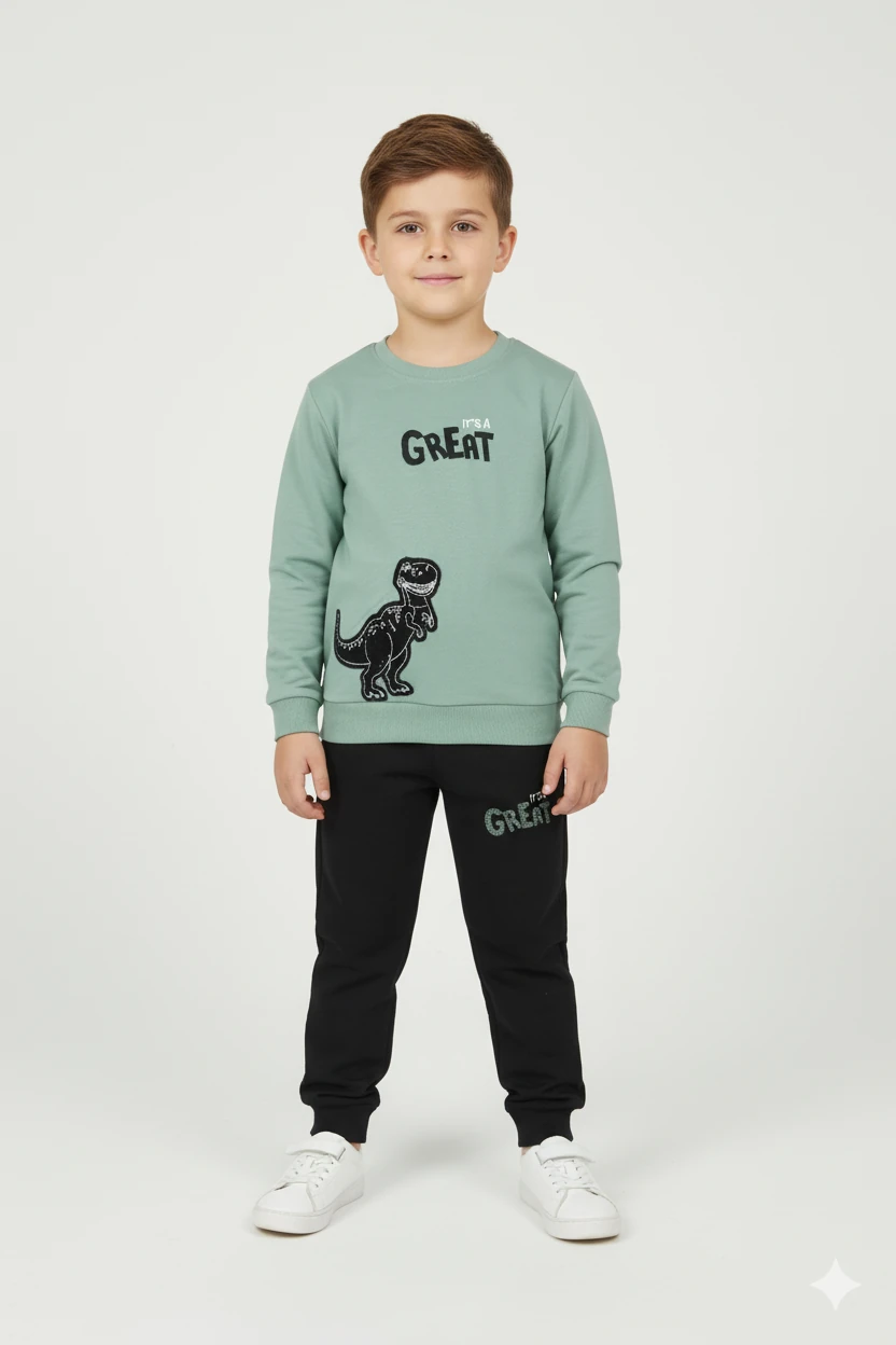 Erkek Çocuk %100 Pamuk Great Nakışlı Trex Süzeneli Paça Lastikli Takım - 2144