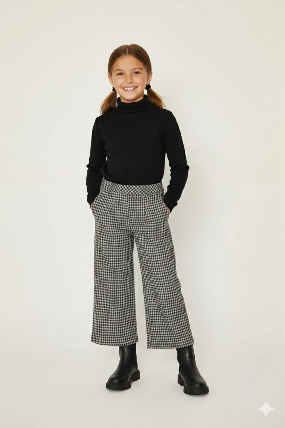 Kız Çocuk Kışlık Kareli Beli Lastikli Cepli Pileli Palazzo Pantolon - 1019K