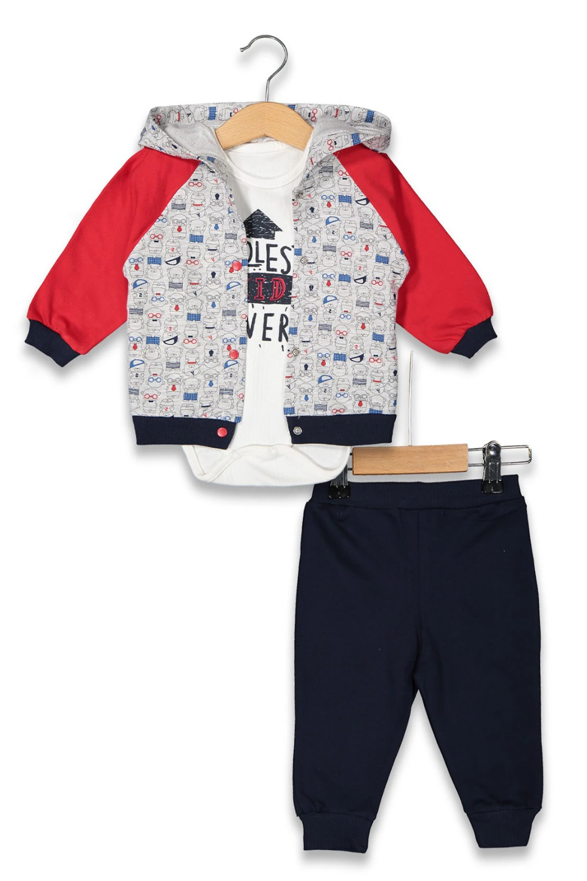 Erkek Bebek Pamuklu Kapüşonlu Ceketli 3-12 Ay 3 lü Trend Takım - 6131