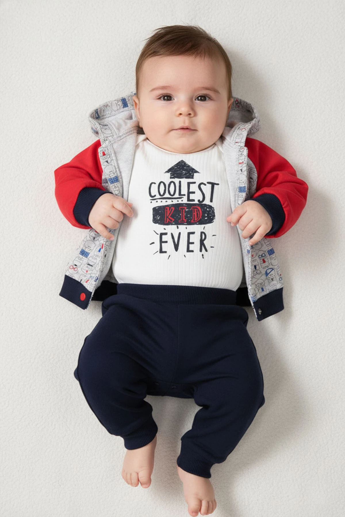 Erkek Bebek Pamuklu Kapüşonlu Ceketli 3-12 Ay 3 lü Trend Takım - 6131