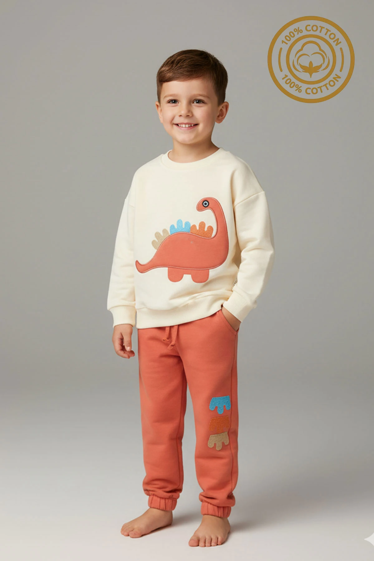 Erkek Çocuk %100 Pamuk Dinozor Nakışlı Paça Lastikli Cepli Trend Takım - 2145 - Bej-Turuncu