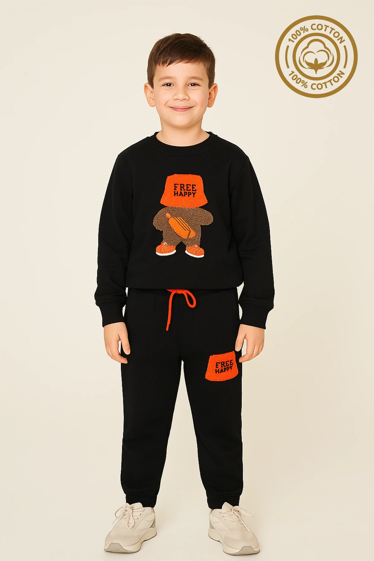 Erkek Çocuk %100 Pamuk Free Happy Süzene Nakışlı Paça Lastikli Trend Takım - 2146 - Sıyah