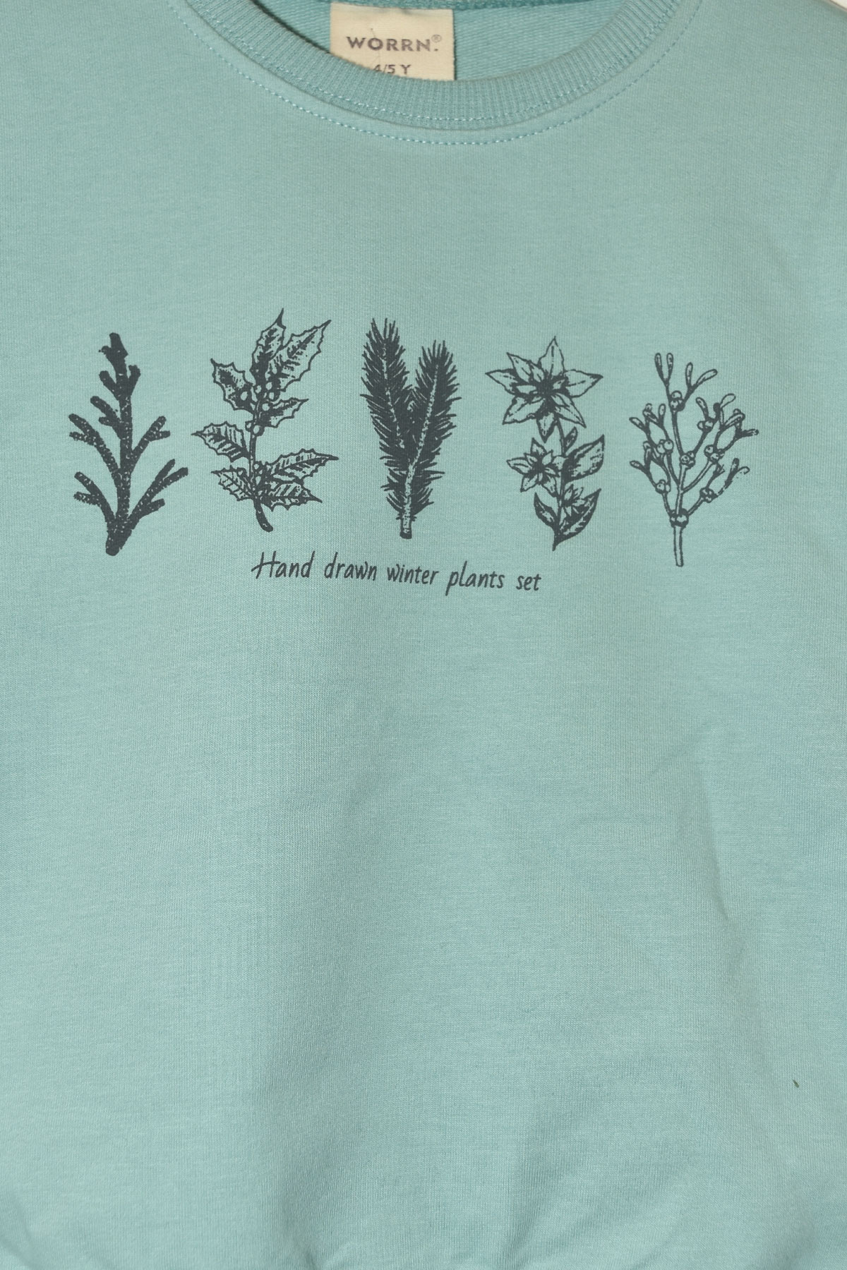 Kız Çocuk %100 Organik Pamuk Bitki Baskılı Yumuşacık Trend Eşofman Takımı - 1008 - Mint