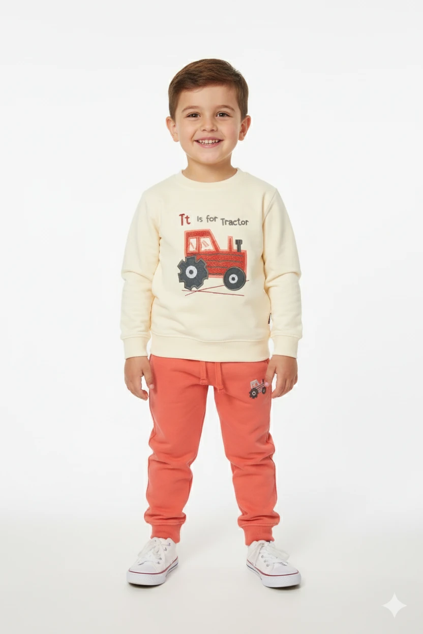 Erkek Çocuk %100 Pamuk Traktör Nakış Süzeneli Trend Eşofman Takım - 2151 - Kiremit