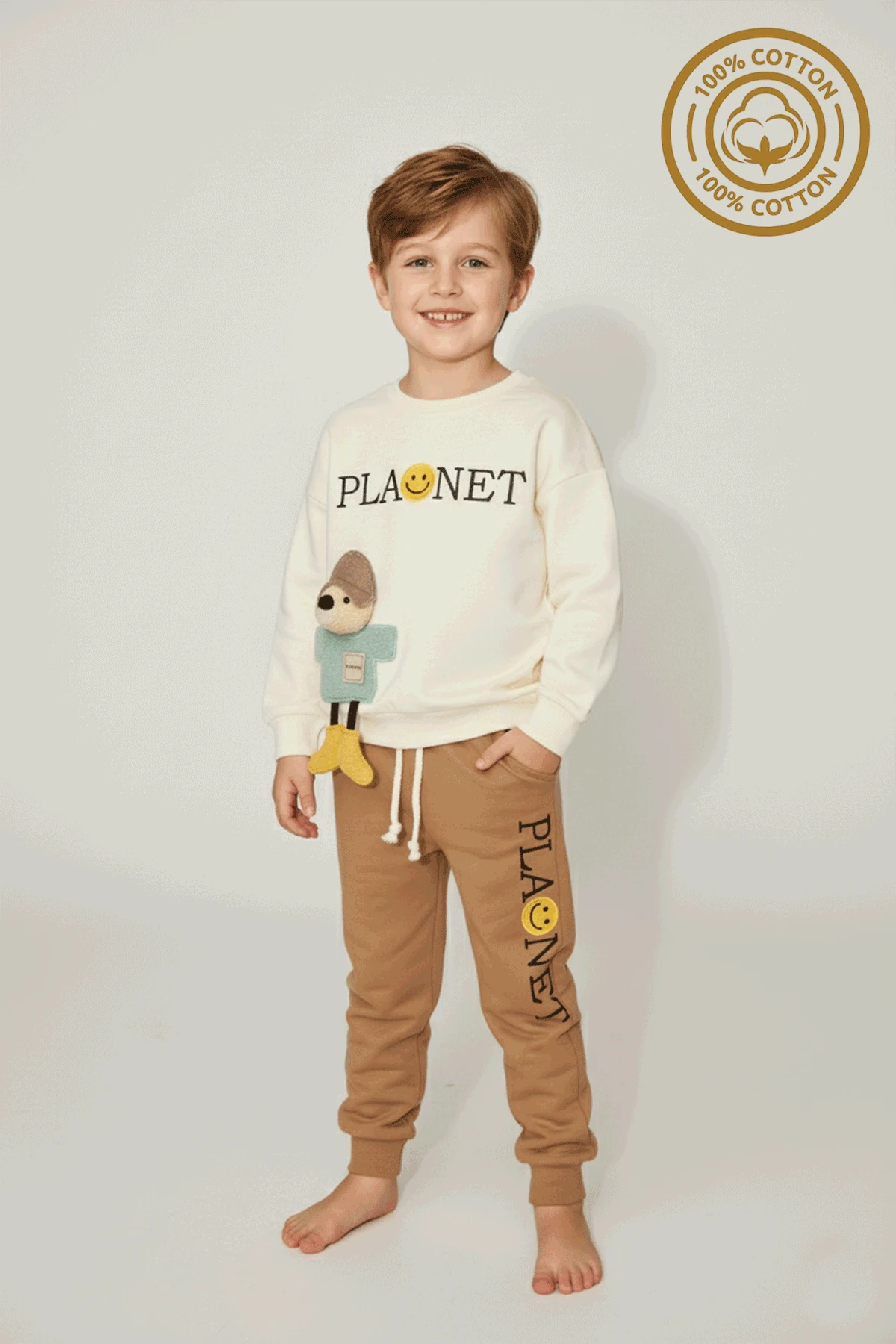 Erkek Çocuk %100 Pamuk Planet Nakışlı Ayıcık Aksesuarlı Eşofman Takım - 2149 - Kahverengi