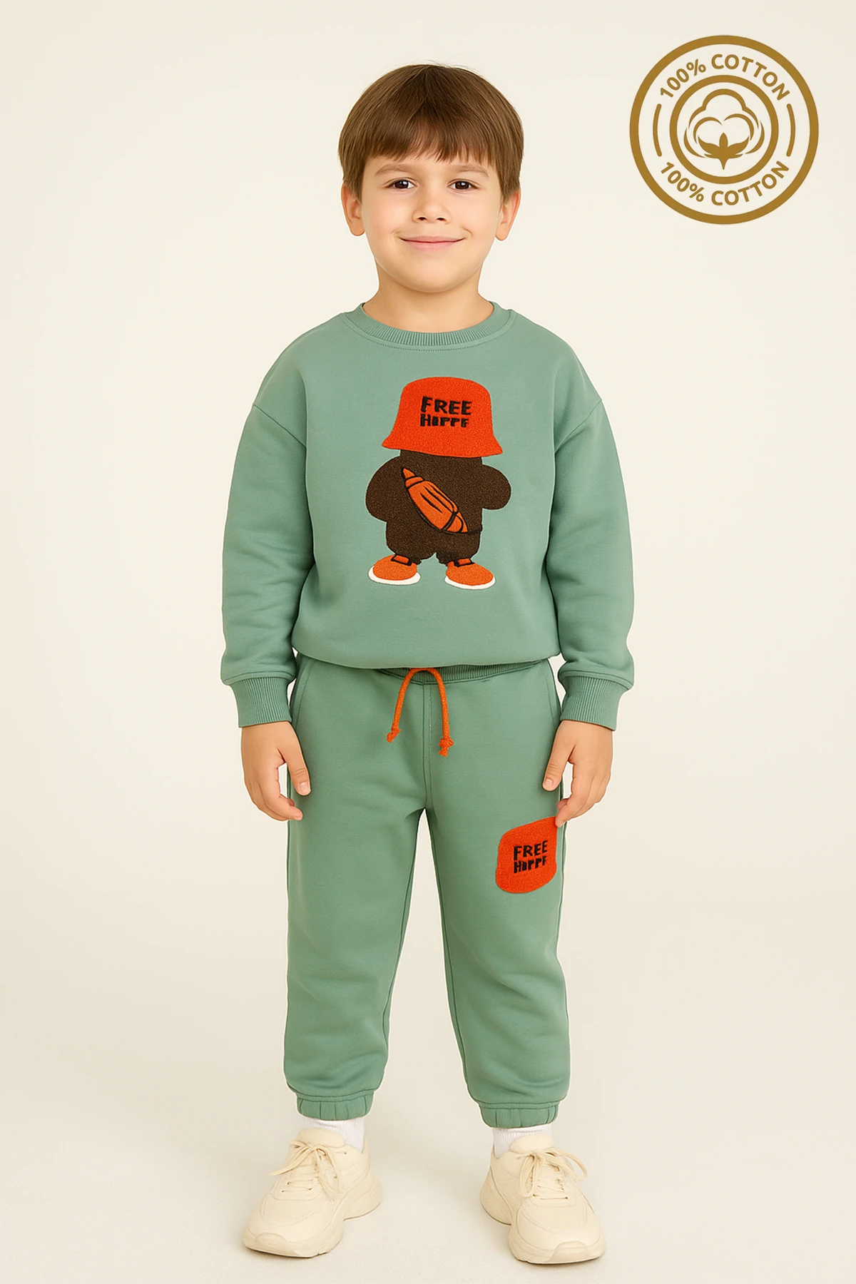 Erkek Çocuk %100 Pamuk Free Happy Süzene Nakışlı Paça Lastikli Trend Takım - 2146 - Mınt