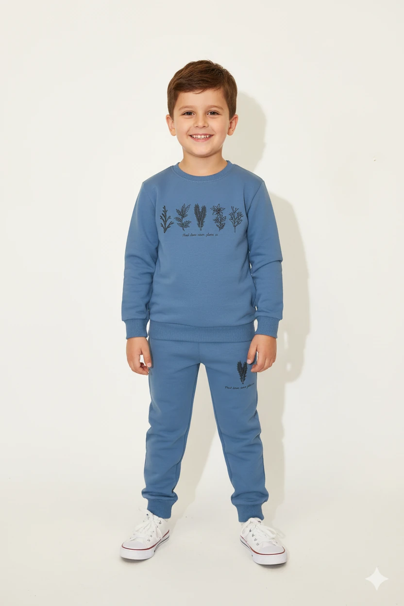 Erkek Çocuk %100 Organik Pamuk Bitki Baskılı Yumuşacık Trend Eşofman Takımı - 1008