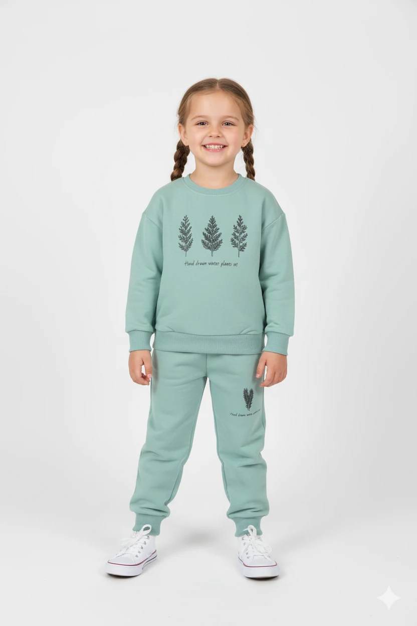 Kız Çocuk %100 Organik Pamuk Bitki Baskılı Yumuşacık Trend Eşofman Takımı - 1008 - Mint