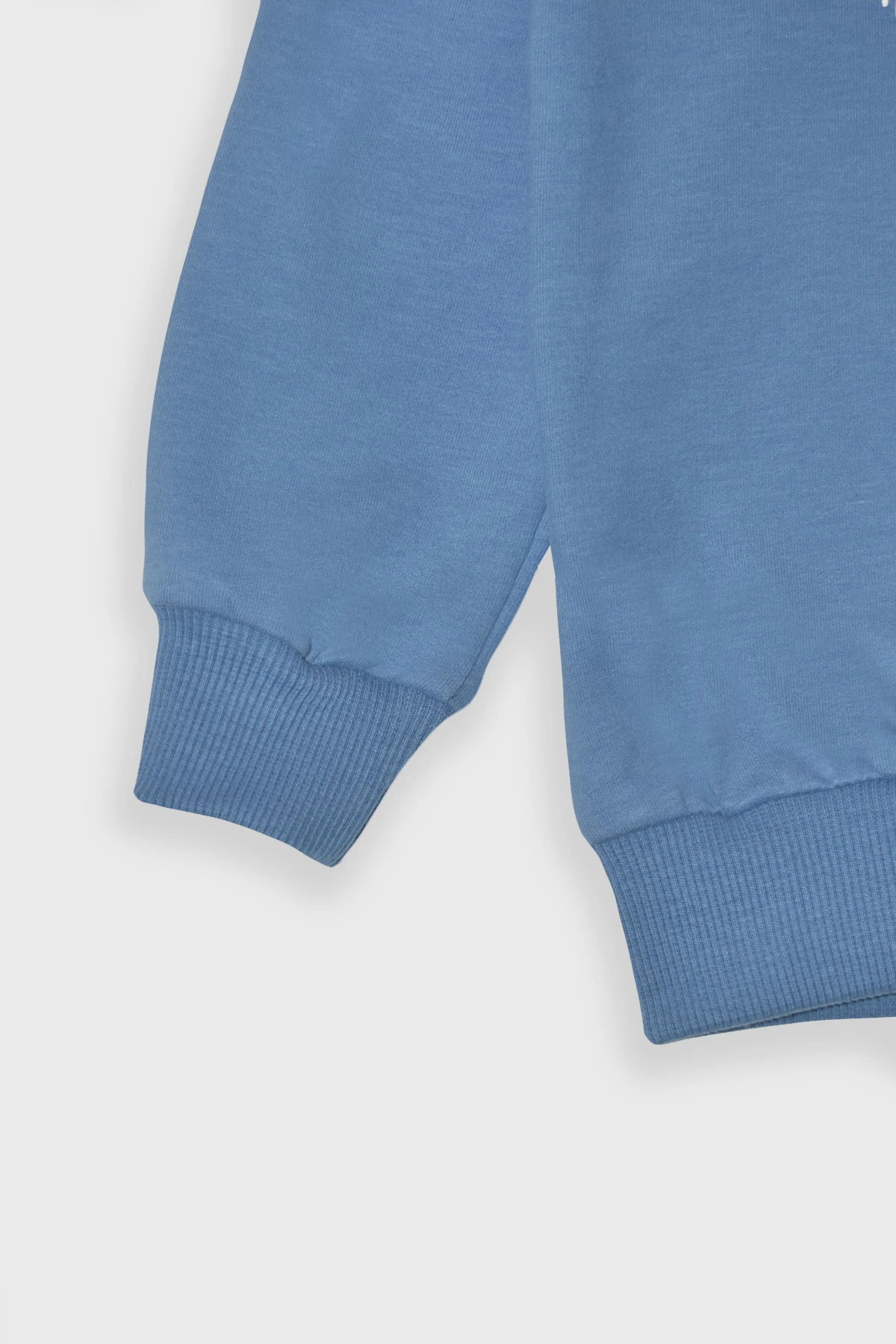 Kız Çocuk %100 Pamuk Kalp Desenli Bisiklet Yaka Trend Sweatshirt - 1022S - Mavi