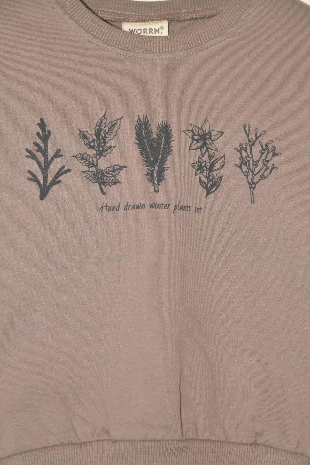 Erkek Çocuk %100 Organik Pamuk Bitki Baskılı Yumuşacık Trend Eşofman Takımı - 1008 - Kahverengi