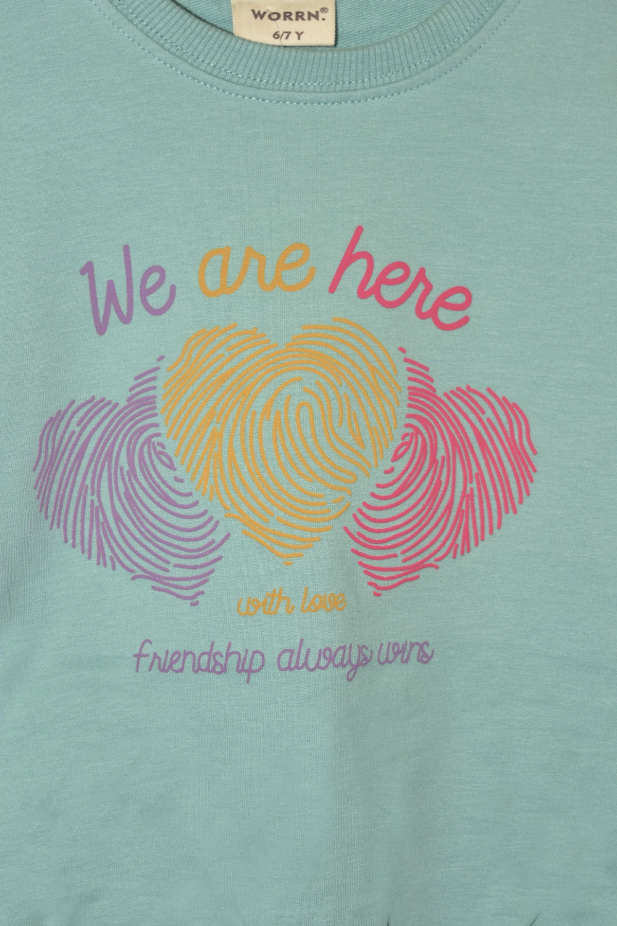 Kız Çocuk %100 Pamuk Kalp Desenli Bisiklet Yaka Trend Sweatshirt - 1022S - Mint