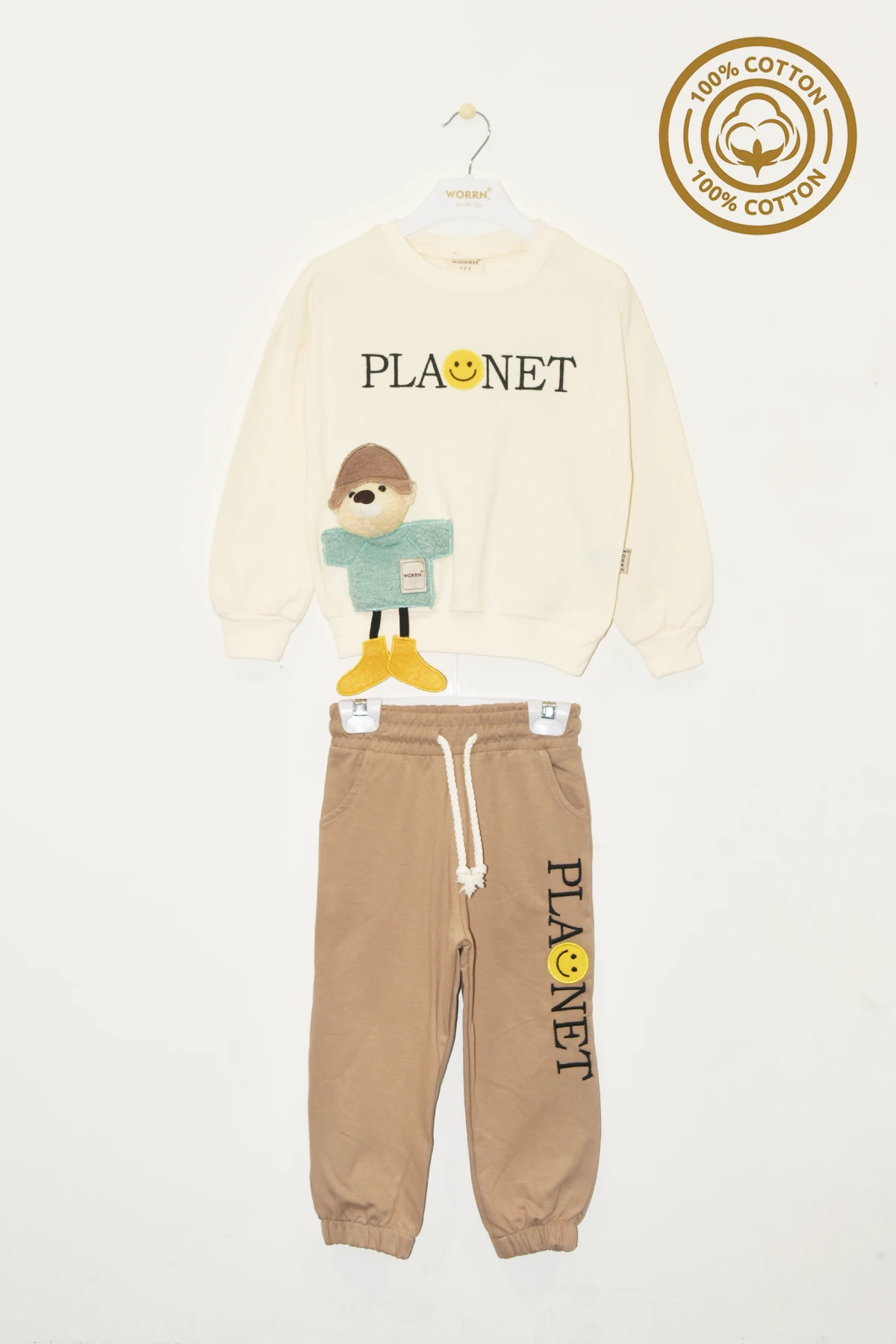 Erkek Çocuk %100 Pamuk Planet Nakışlı Ayıcık Aksesuarlı Eşofman Takım - 2149 - Bej