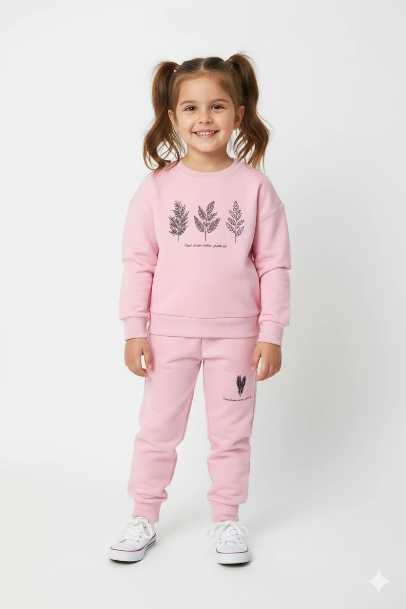 Kız Çocuk %100 Organik Pamuk Bitki Baskılı Yumuşacık Trend Eşofman Takımı - 1008 - Pembe