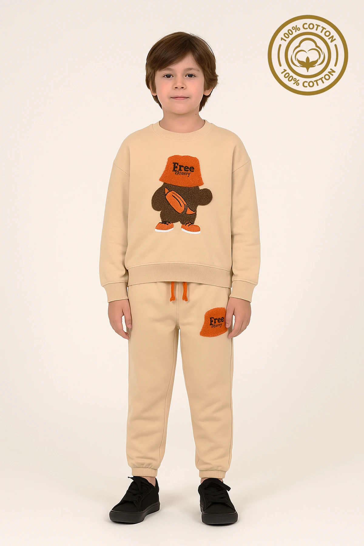 Erkek Çocuk %100 Pamuk Free Happy Süzene Nakışlı Paça Lastikli Trend Takım - 2146 - Bej