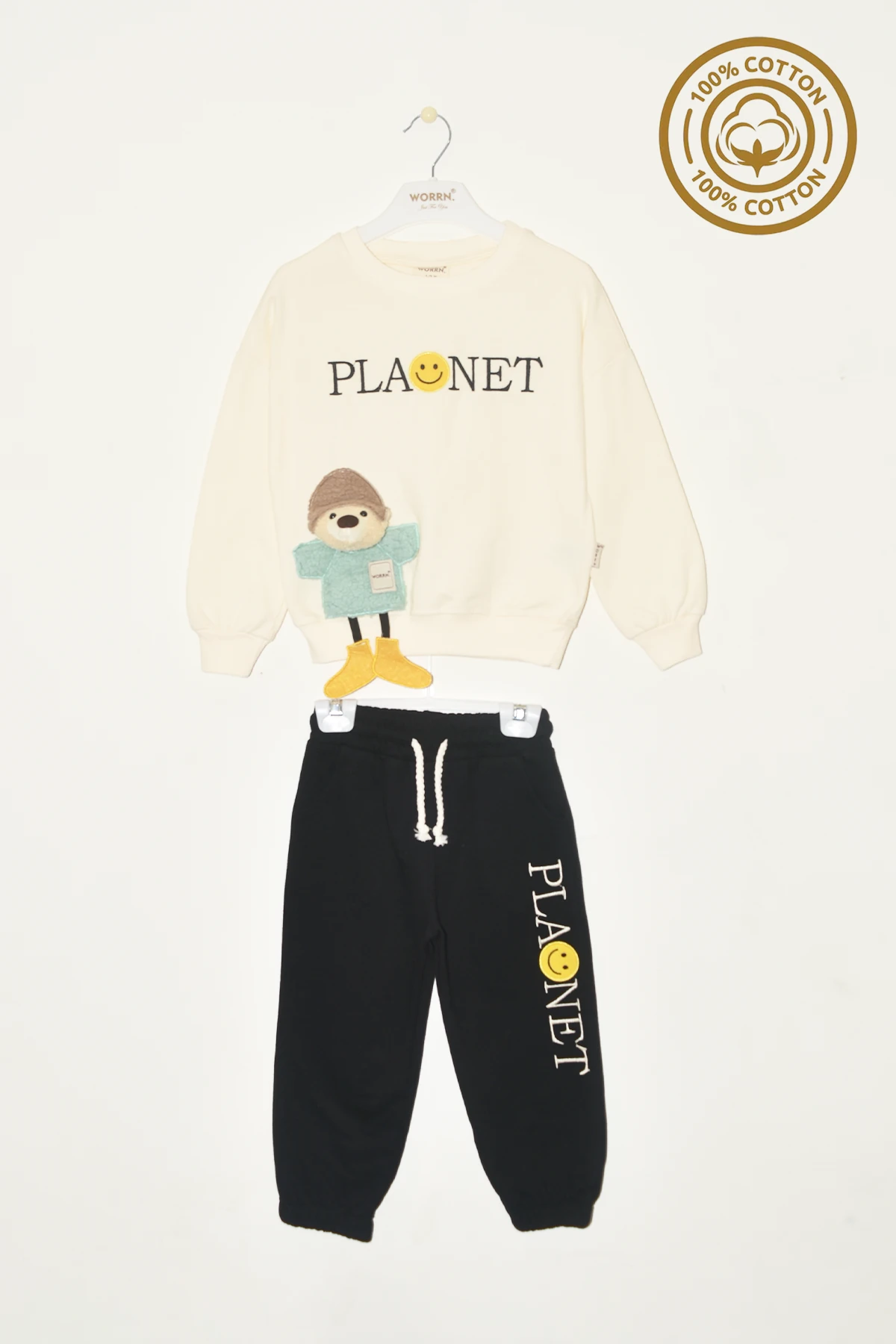 Erkek Çocuk %100 Pamuk Planet Nakışlı Ayıcık Aksesuarlı Eşofman Takım - 2149 - Siyah