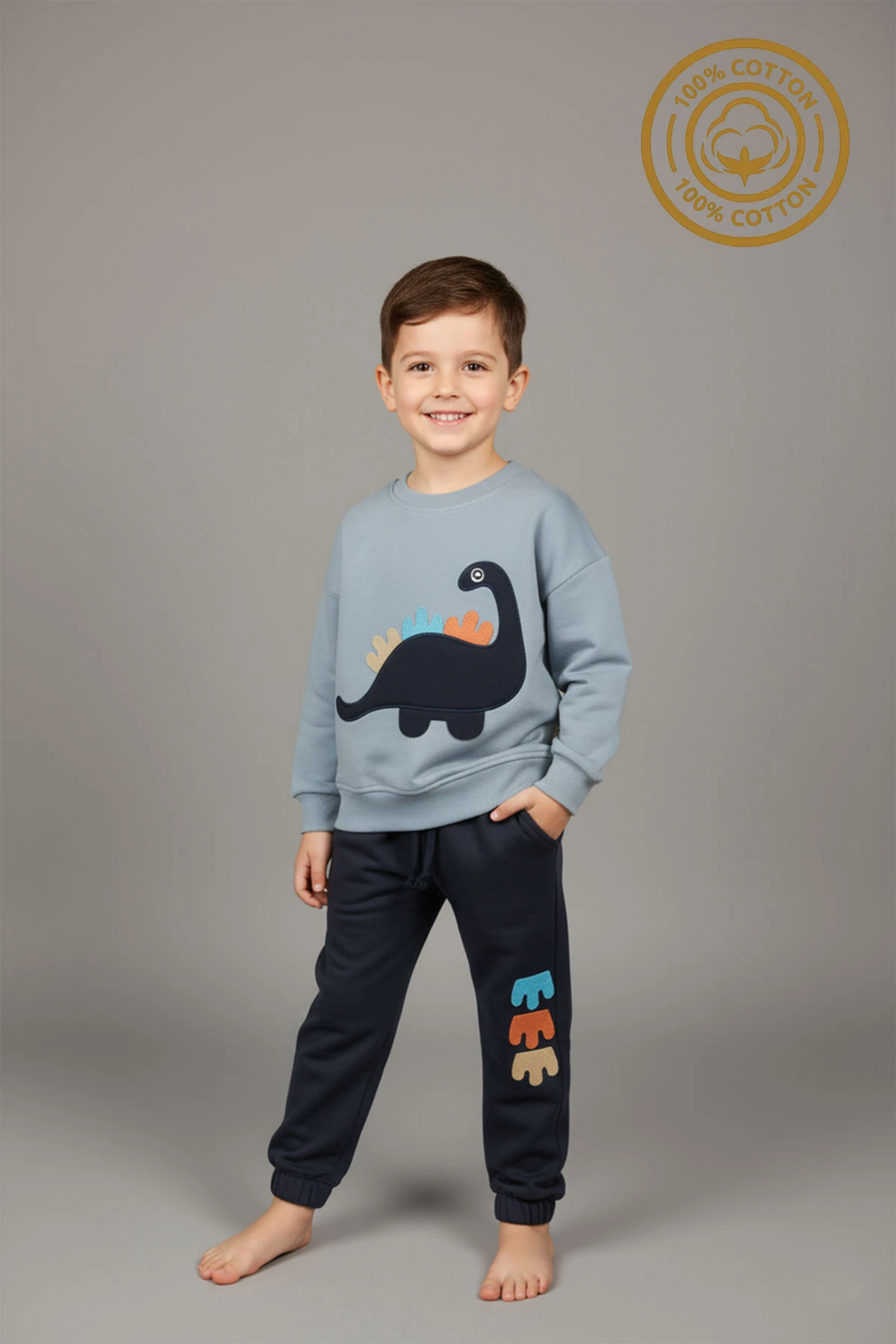 Erkek Çocuk %100 Pamuk Dinozor Nakışlı Paça Lastikli Cepli Trend Takım - 2145 - Laci-Mavi