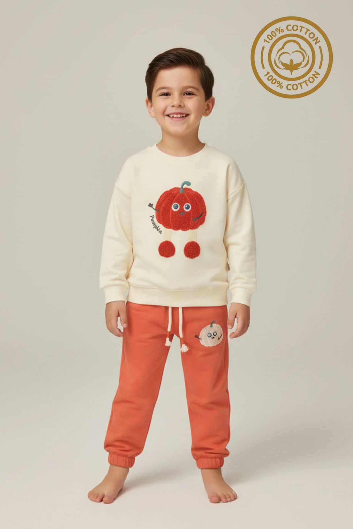 Erkek Çocuk %100 Pamuk Kabak Nakış Süzeneli Paça Lastikli Takım - 2150 - Turuncu