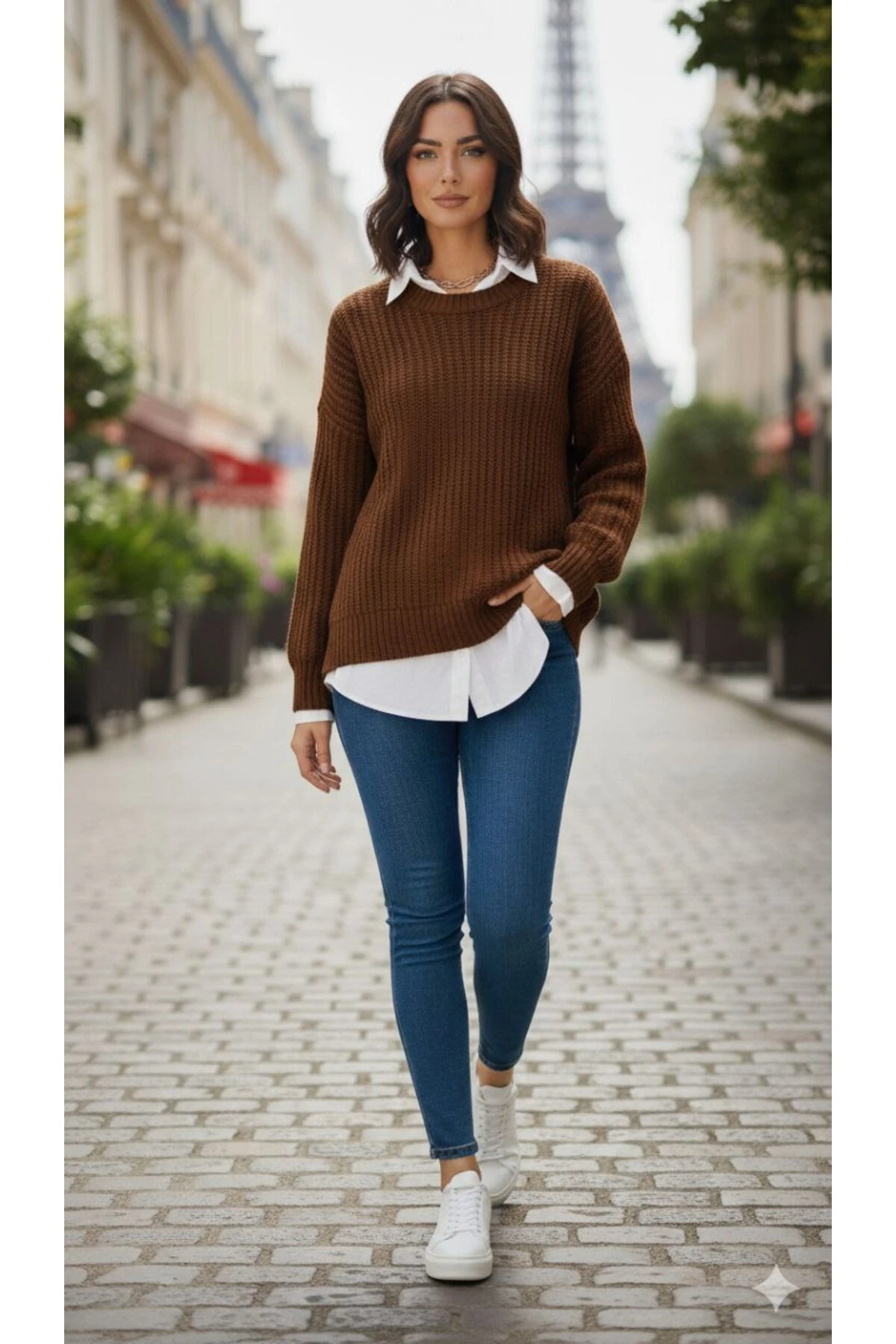 Oversize Fit Örgülü Triko Kazak – Likralı, Yün Karışımlı, Standart Beden