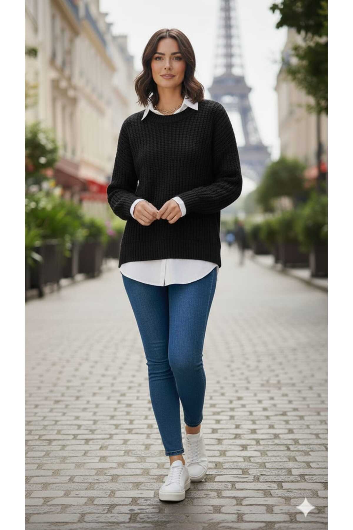 Oversize Fit Örgülü Triko Kazak – Likralı, Yün Karışımlı, Standart Beden