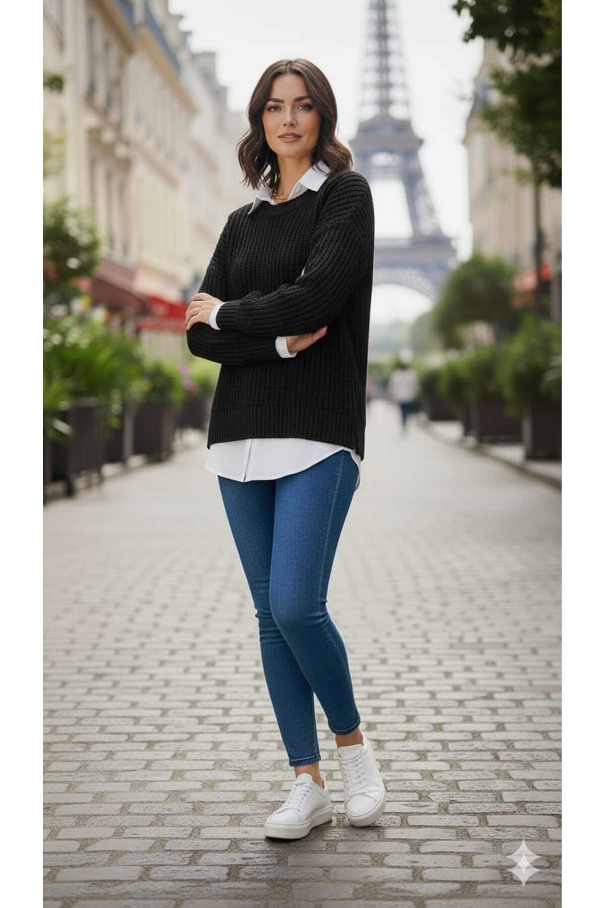 Oversize Fit Örgülü Triko Kazak – Likralı, Yün Karışımlı, Standart Beden