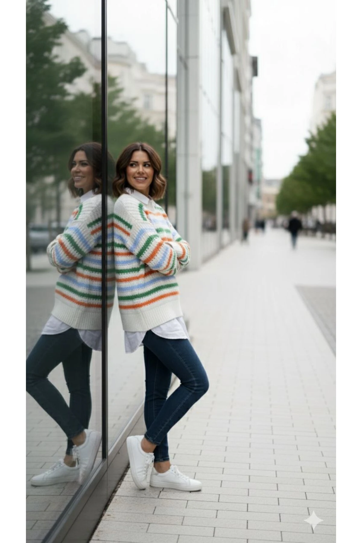 Renkli Çizgili Oversize Triko – Bisiklet Yaka, Likralı, Yumuşak Dokulu Standart Beden