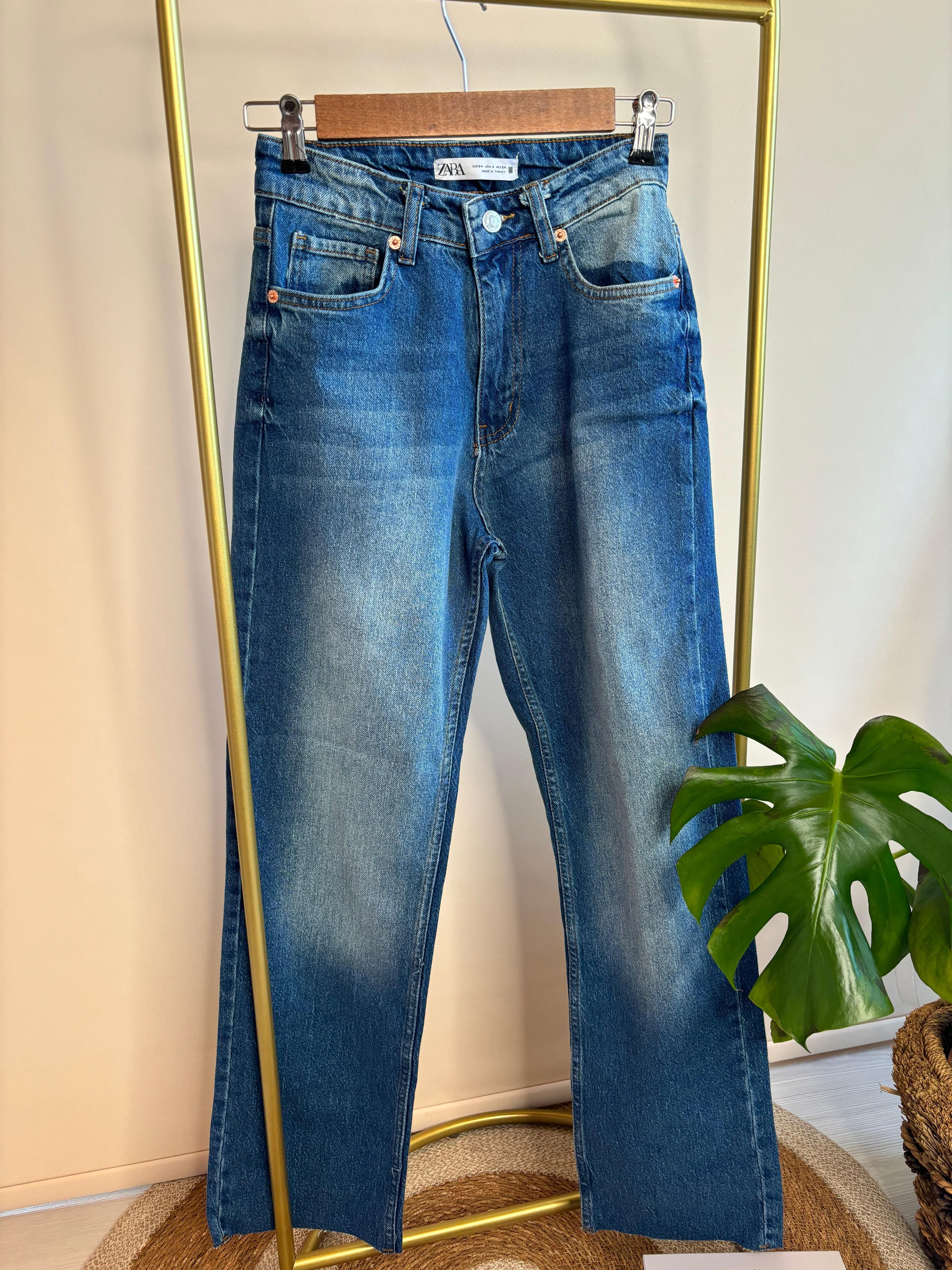 Zara Yüksek Bel Düz Paça Kadın Jean Pantolon – Günlük ve Şık Stil - Koyu Mavi
