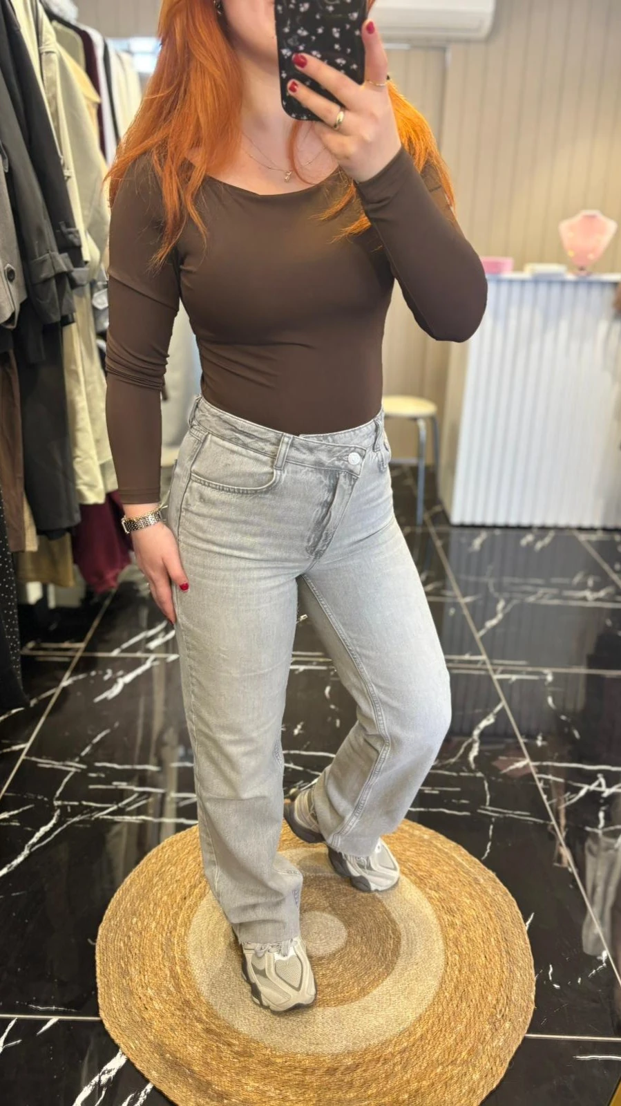 Açık Gri Çapraz Bel Yüksek Bel Wide Leg Jean