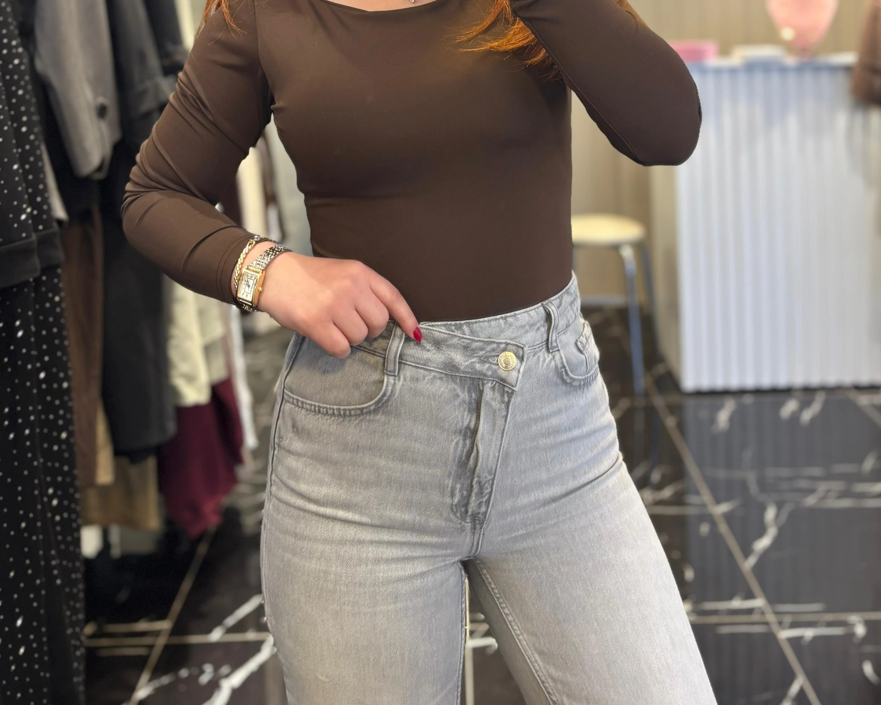 Açık Gri Çapraz Bel Yüksek Bel Wide Leg Jean