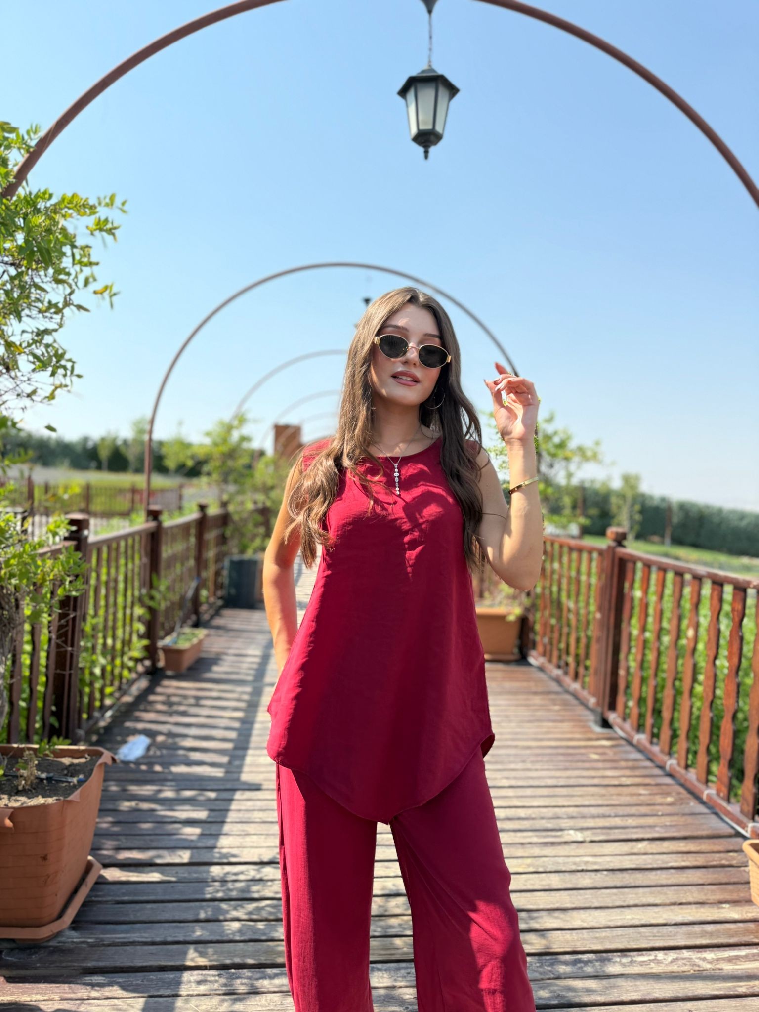 ASİMETRİK BLUZ PANTOLON TAKIM - Bordo