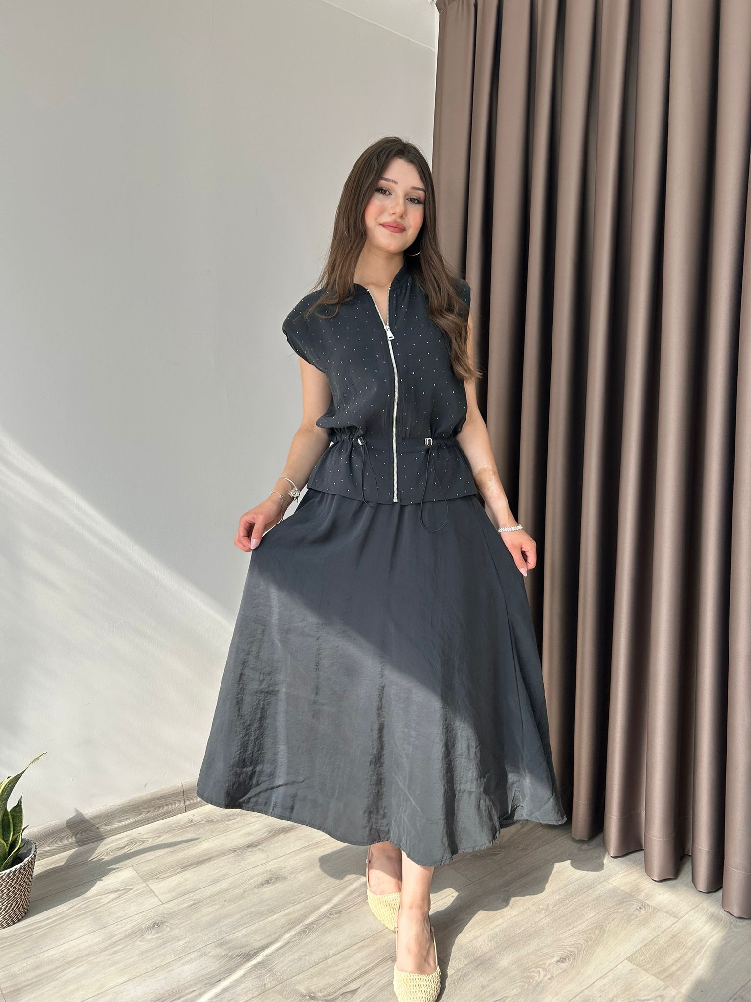 TAŞLI YELEK ETEK TAKIM - Siyah