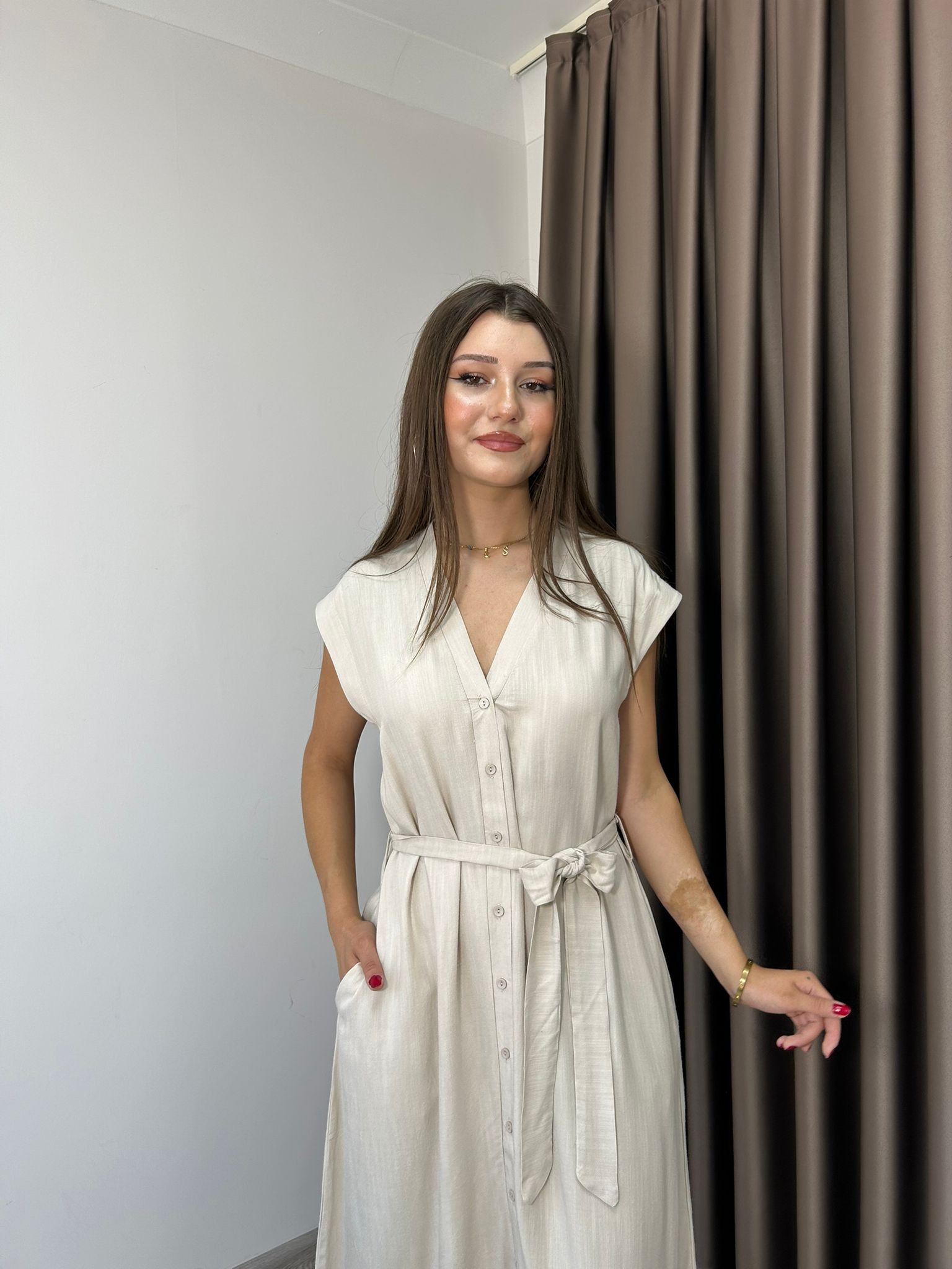 TENSEL KUMAŞ MİDİ ELBİSE