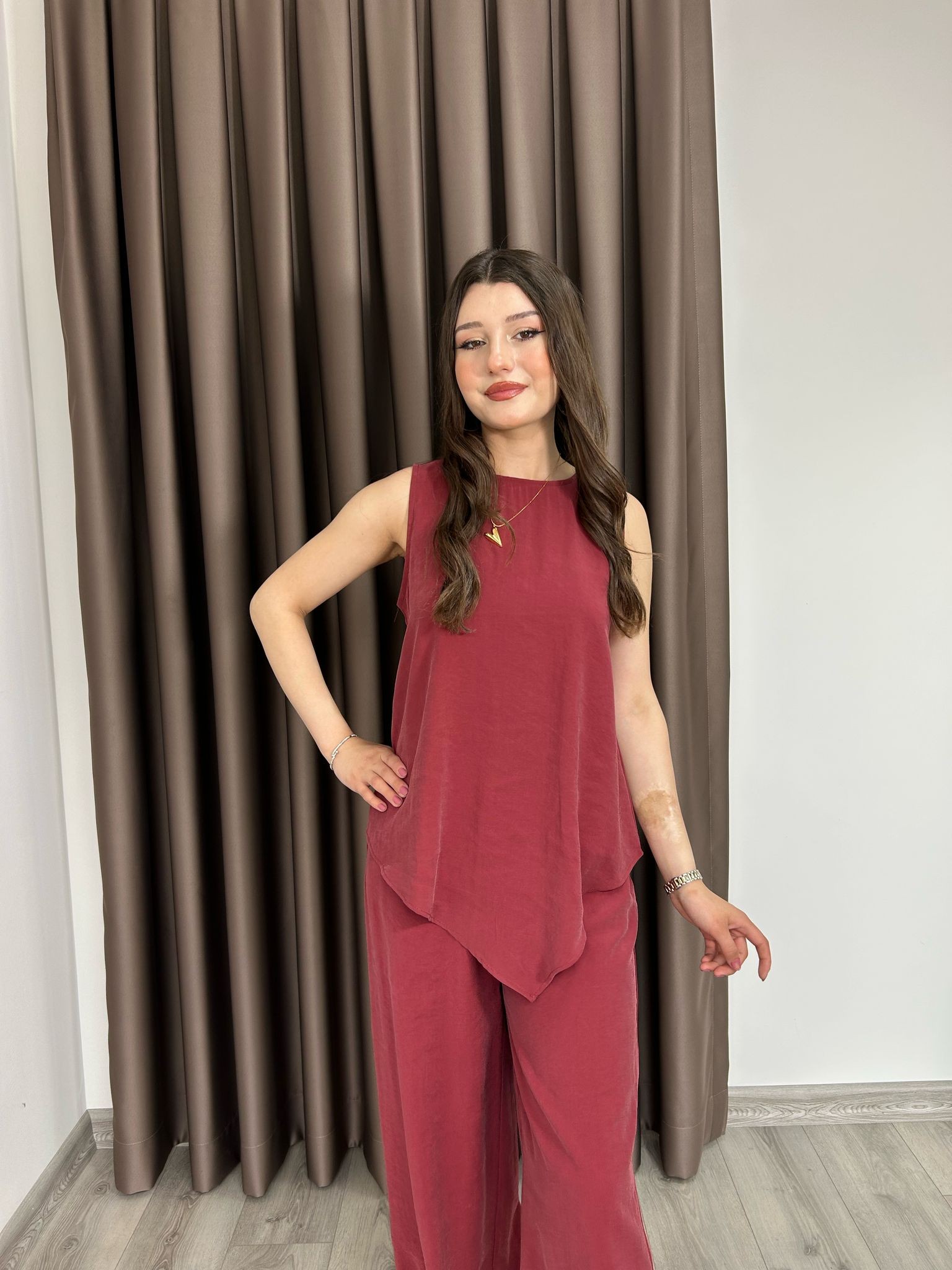 Sıfır Kol Bluz Pantolon Takım - Bordo