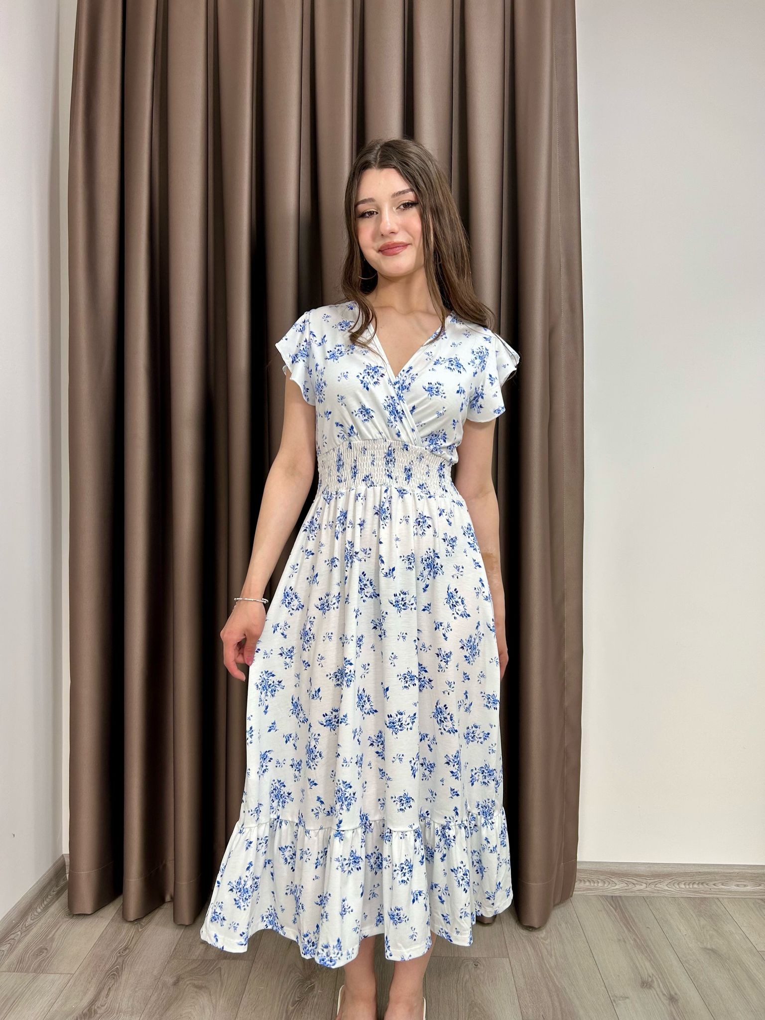 Mavi Çiçek Desenli Elbise