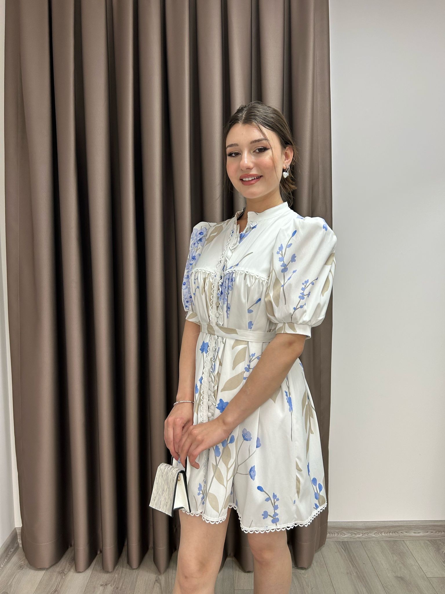 Poplin Desenli Elbise - Beyaz