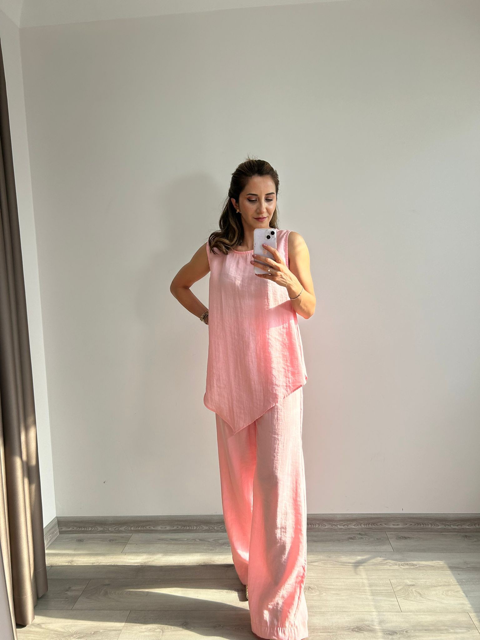 Sıfır Kol Bluz Pantolon Takım - Pembe