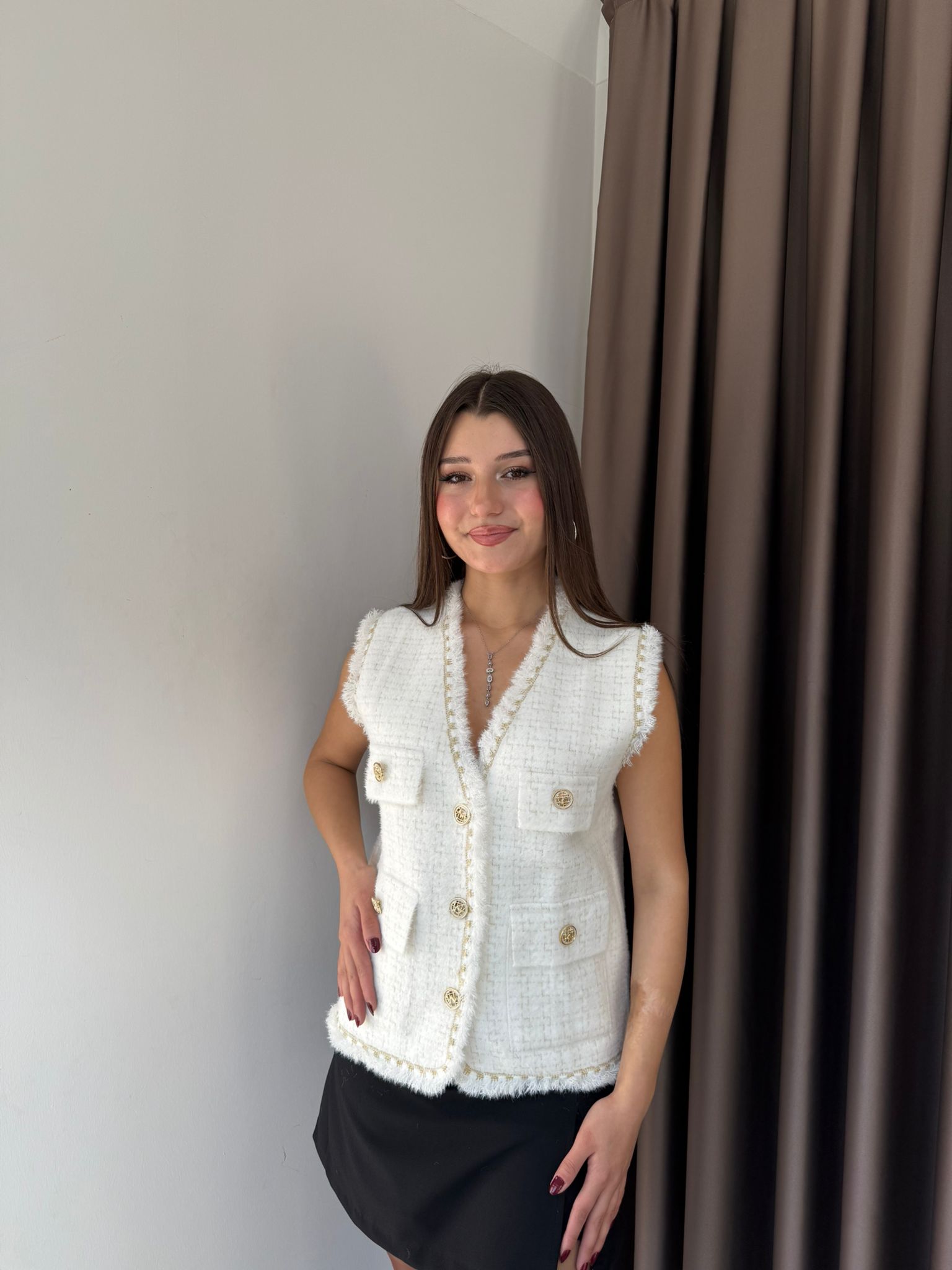 ANGORA DÜĞMELİ YELEK - Beyaz