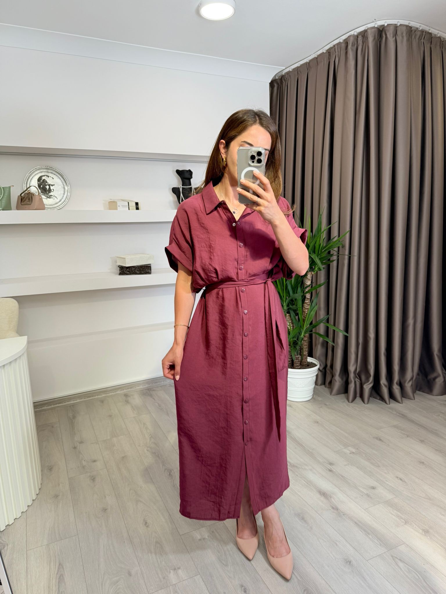 UZUN KEMERLİ ELBİSE - Bordo