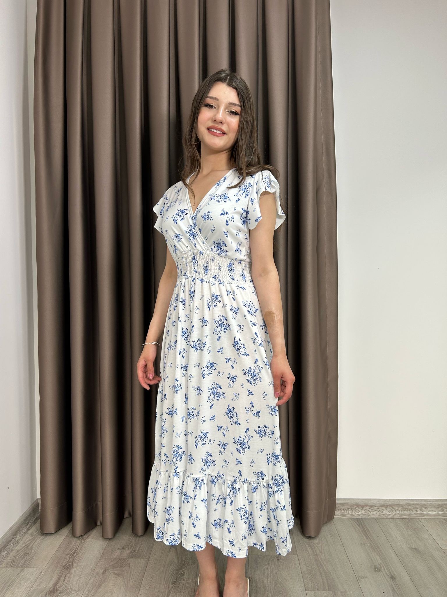 Mavi Çiçek Desenli Elbise