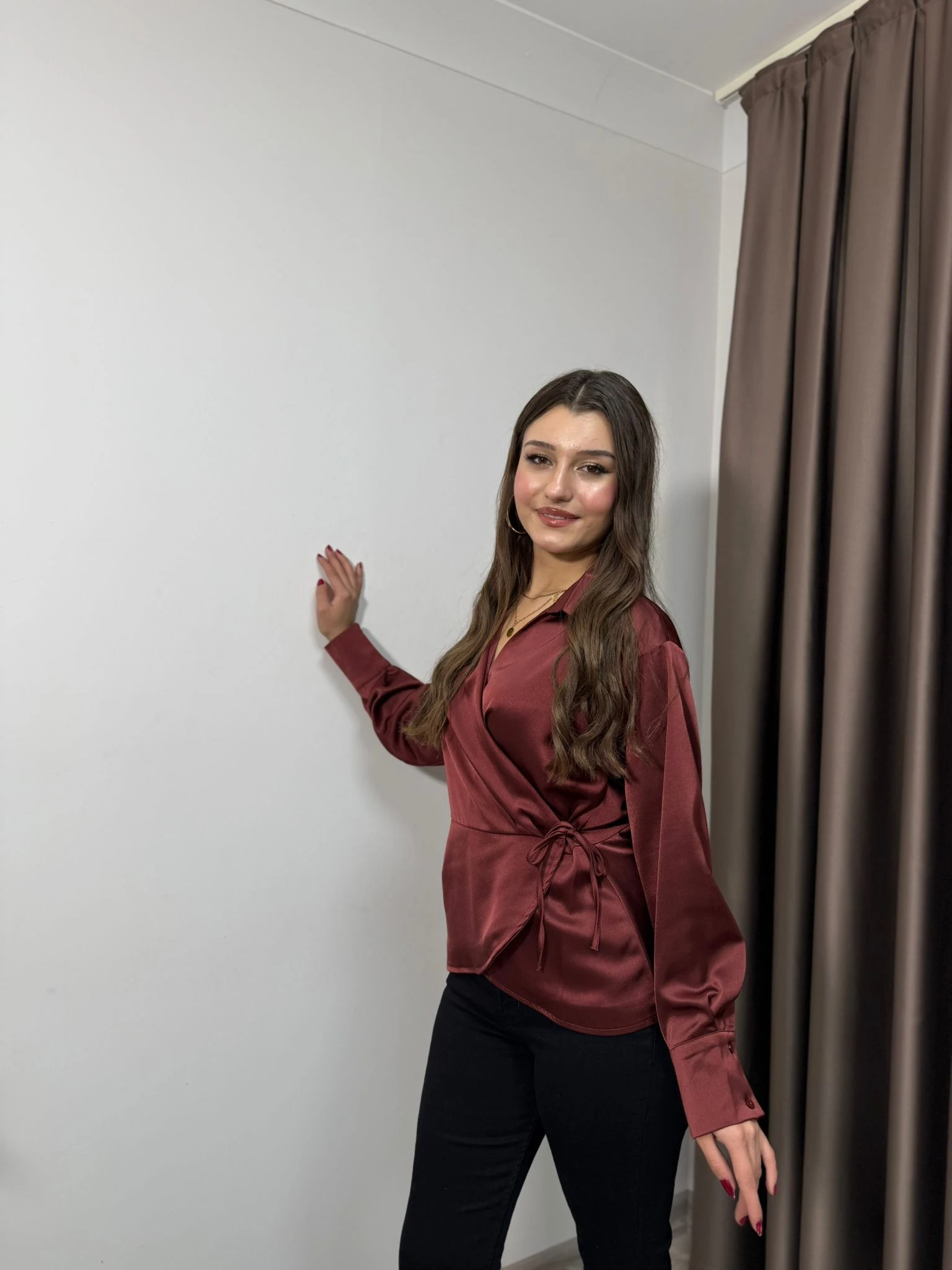 SATEN TASARIM GÖMLEK - kahverengi