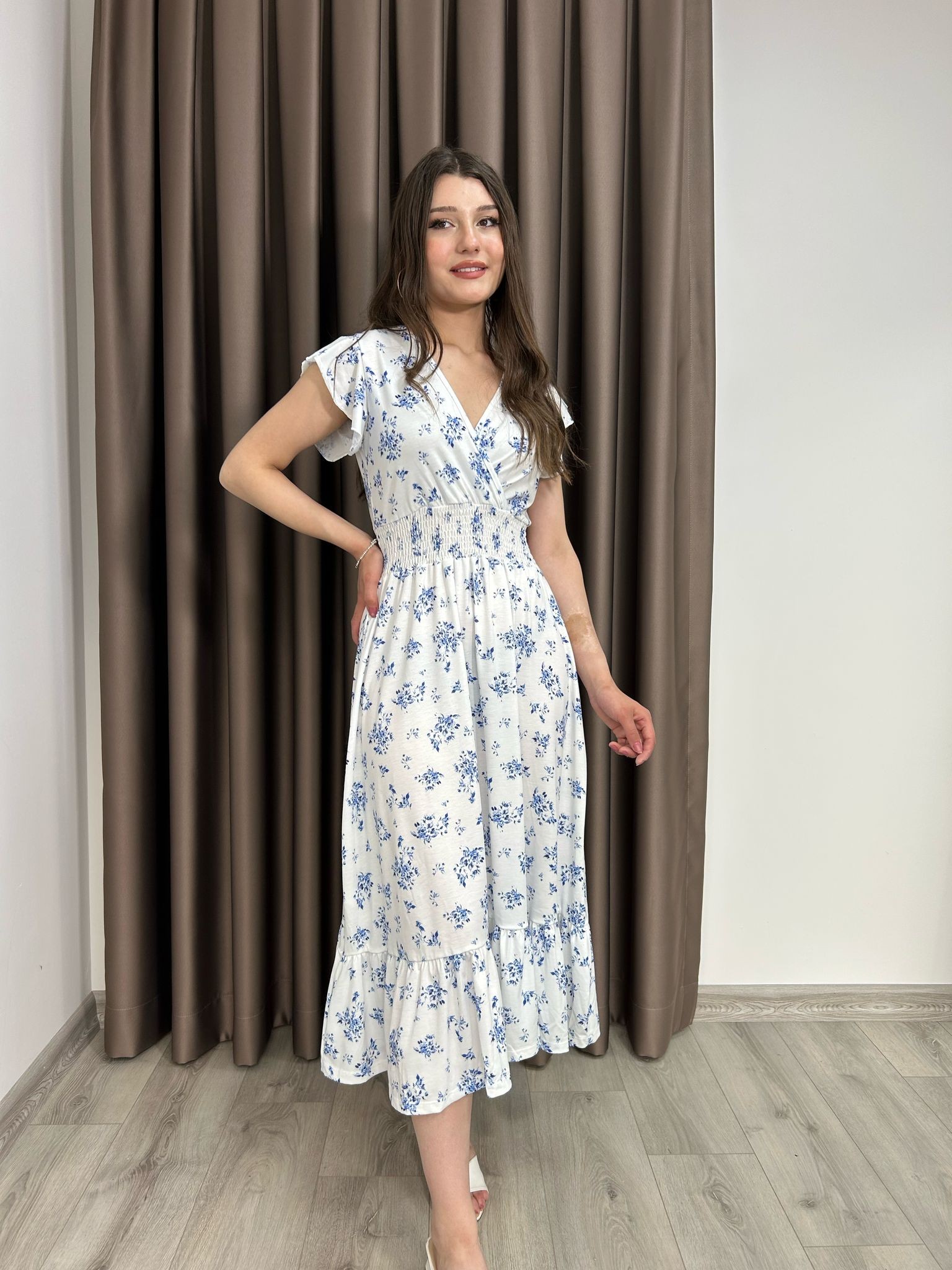 Mavi Çiçek Desenli Elbise