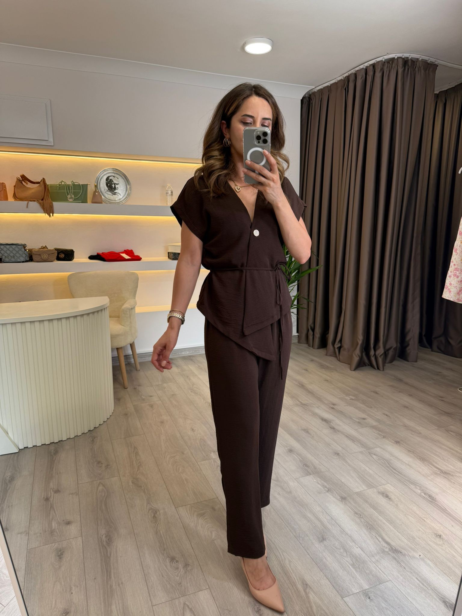 TASARIM BLUZ PANTOLON TAKIM - kahverengi
