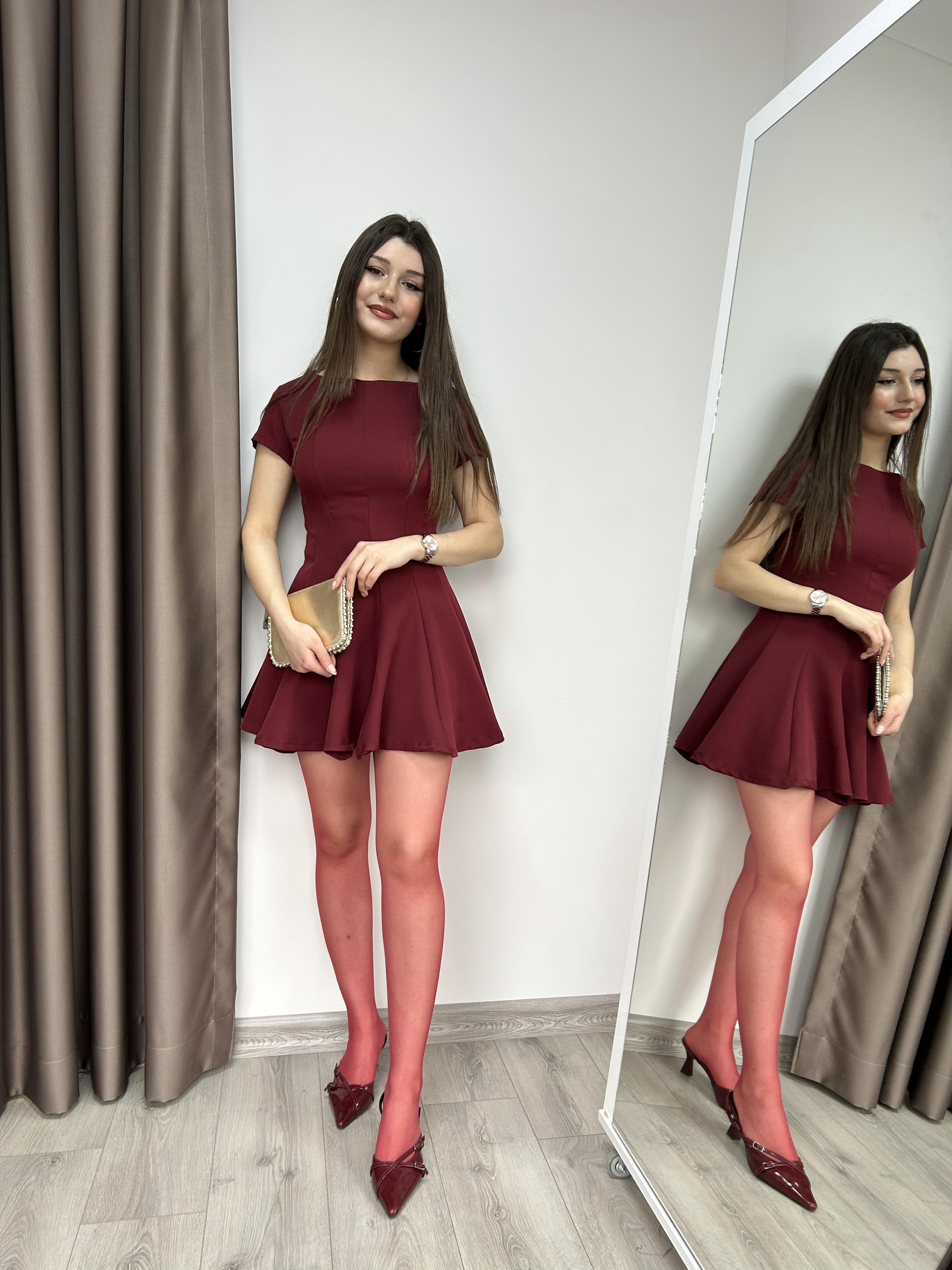 Volanlı Mini Elbise - Bordo