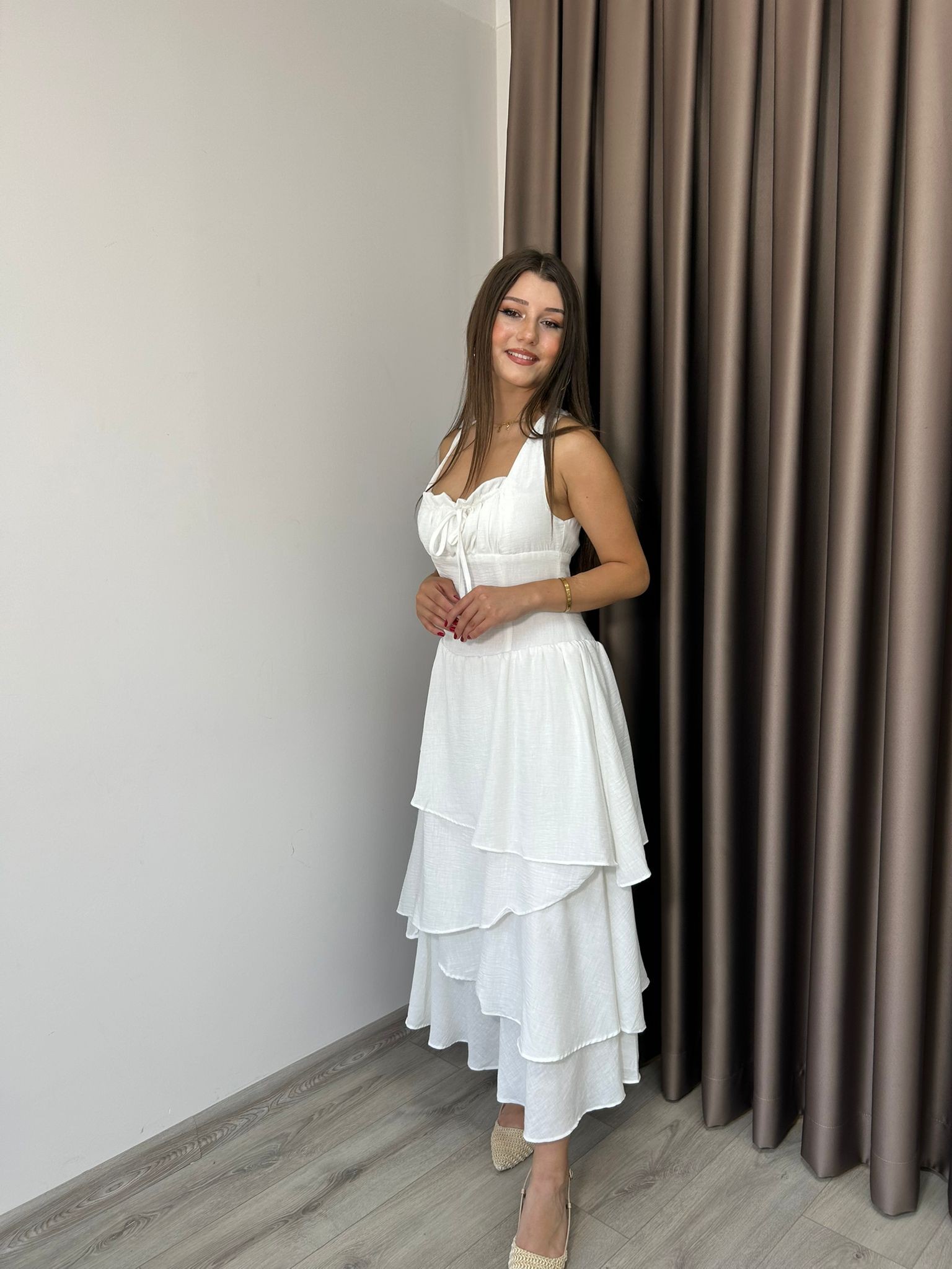 FIRFIR DETAYLI KAT KAT ELBİSE - Beyaz