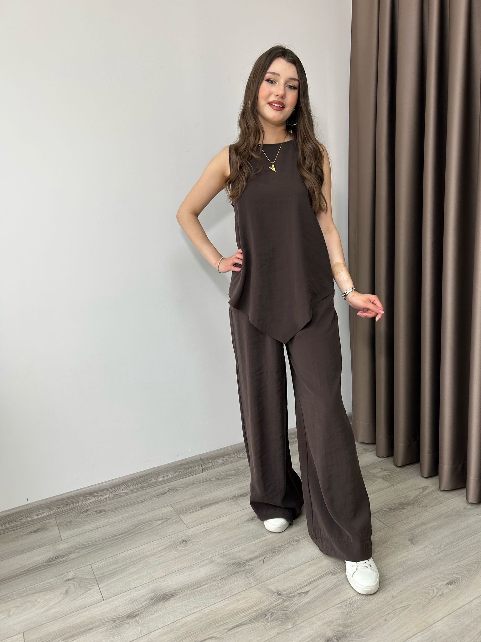 Sıfır Kol Bluz Pantolon Takım - kahverengi
