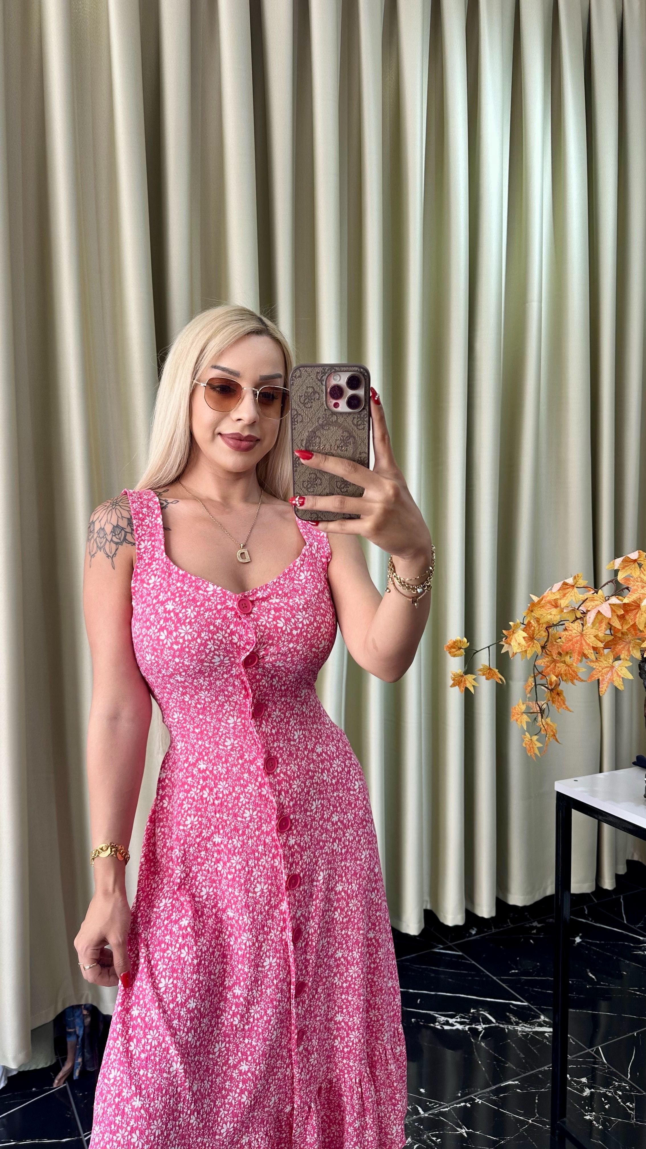 Düğmeli Papatya Detaylı Elbise - Pembe