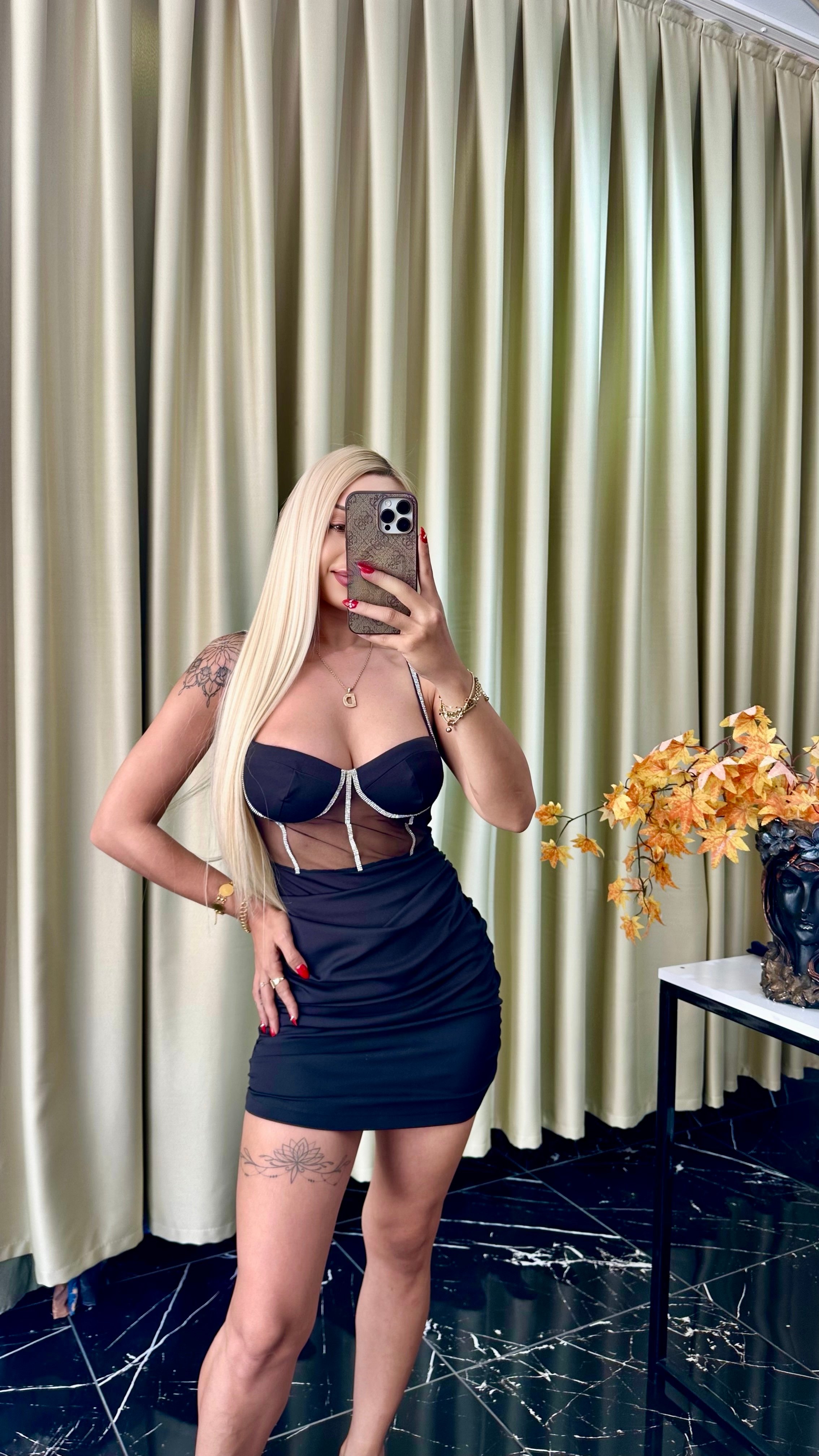 Taşlı Askılı Mini Elbise