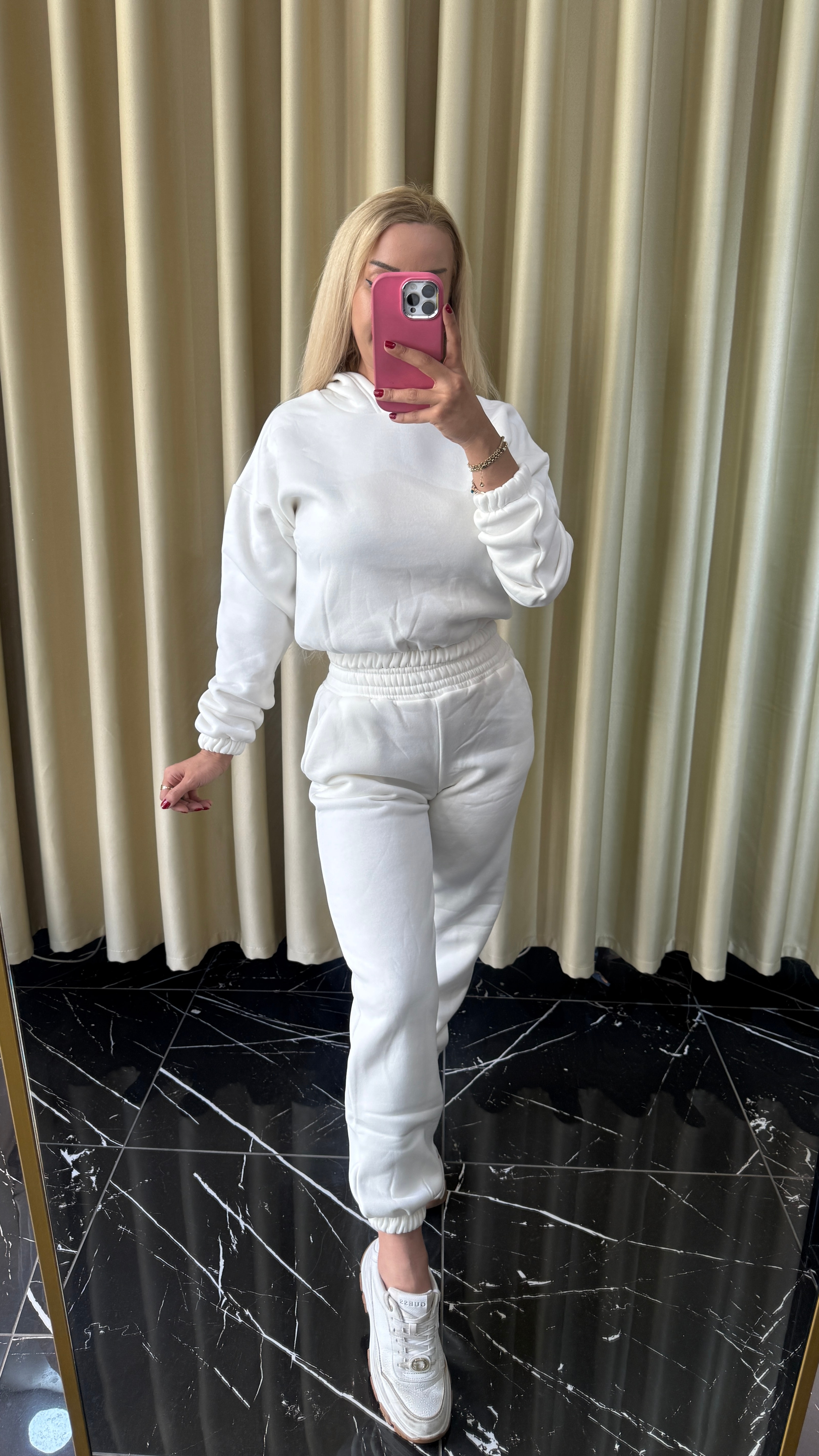 1 Alana 1 Bedava ❤️ 3 İplik Şardonlu Kapşonlu Eşofman Takımı - Beyaz