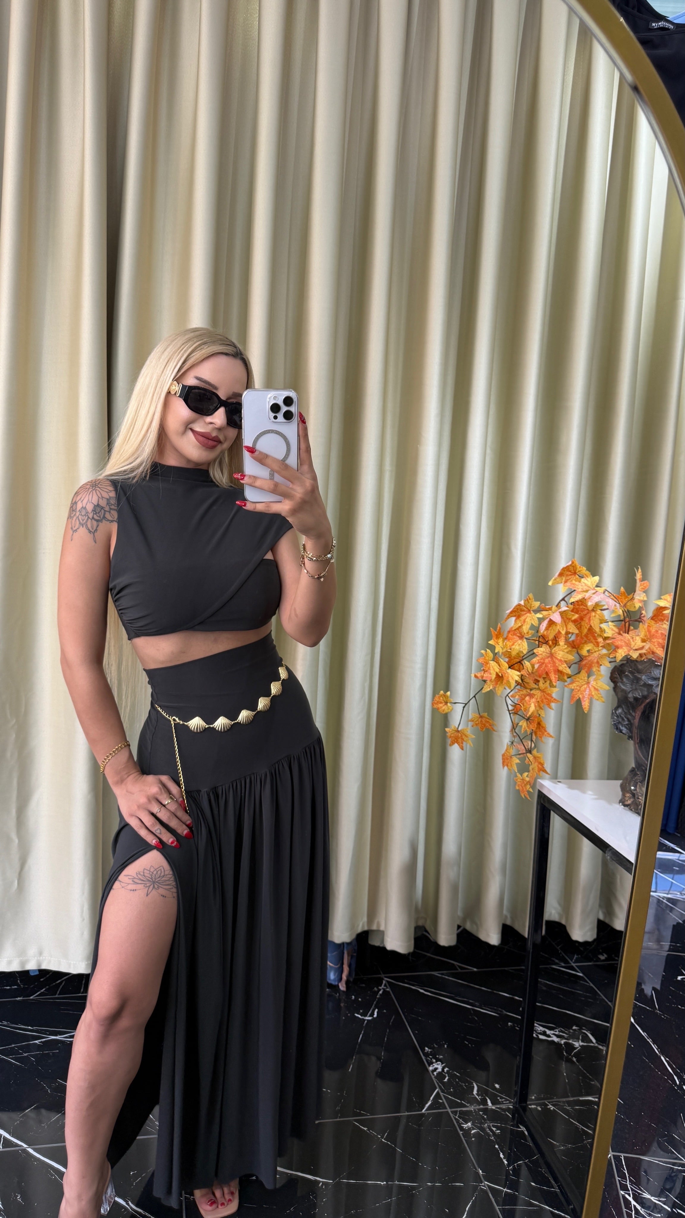 Sandy Kumaş Crop Etek Takım